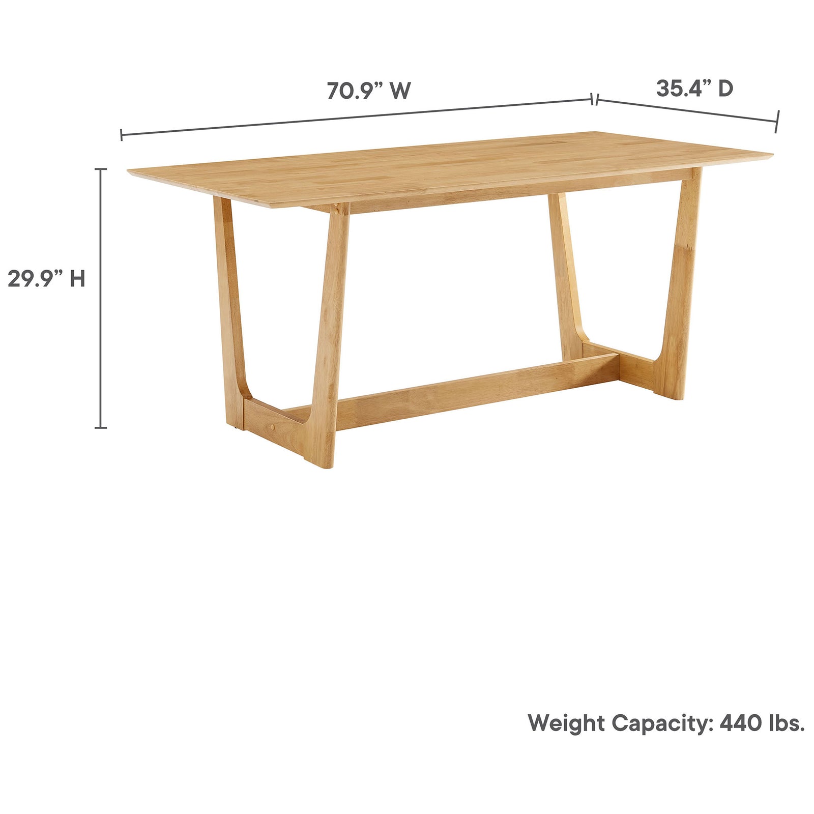 Dimension graphic shows the generous length width and height of this dining table || EEI-6914-NAT || dimension_studio