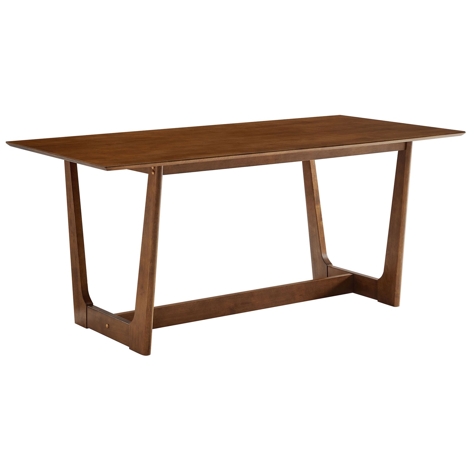 Modern walnut dining table with outward-angled legs and central stretcher bar for added stability || EEI-6914-WAL || front_angle_studio