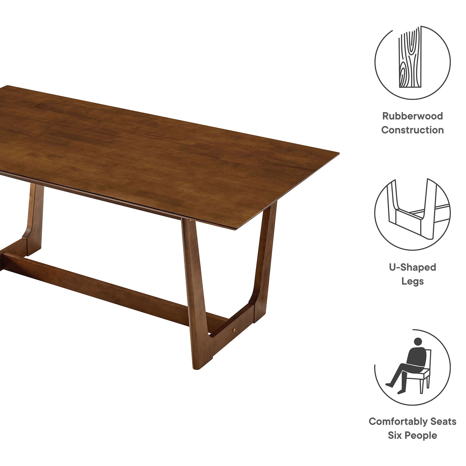 Solara walnut dining table with icons highlighting rubberwood construction, U-shaped legs, and seating for six || EEI-6914-WAL || callout_studio