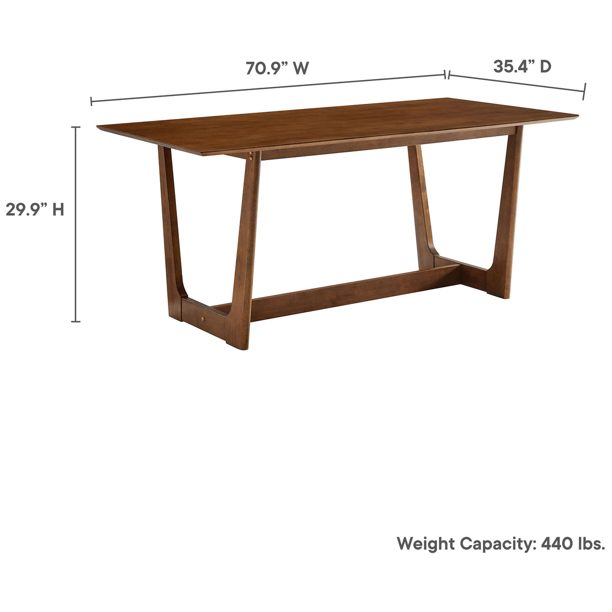 Solara walnut dining table with dimensions and 440 lb weight capacity labeled for easy planning || EEI-6914-WAL || dimension_studio