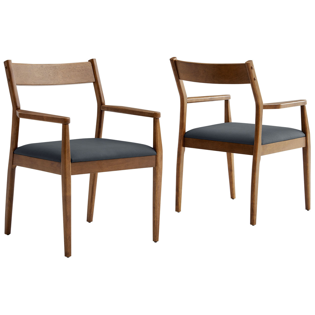 Set of two walnut dining armchairs with black vegan leather seats for a modern, inviting dining space. || EEI-6915-WAL-BLK || front_angle_multi_studio