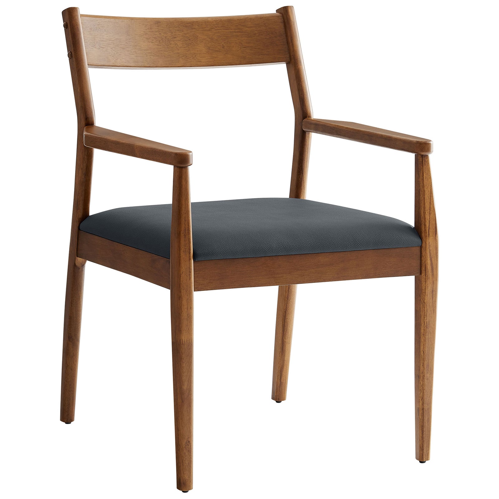 Walnut wood armchair featuring gently curved arms and a smooth black cushioned seat. || EEI-6915-WAL-BLK || front_angle_partial_studio
