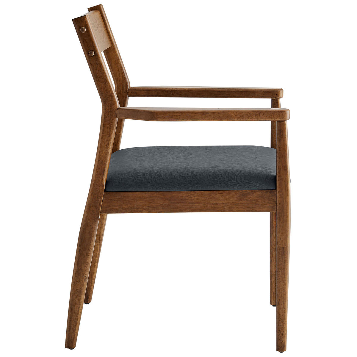 Side profile of walnut dining armchair showcasing the slender frame and padded black seat. || EEI-6915-WAL-BLK || side_partial_studio