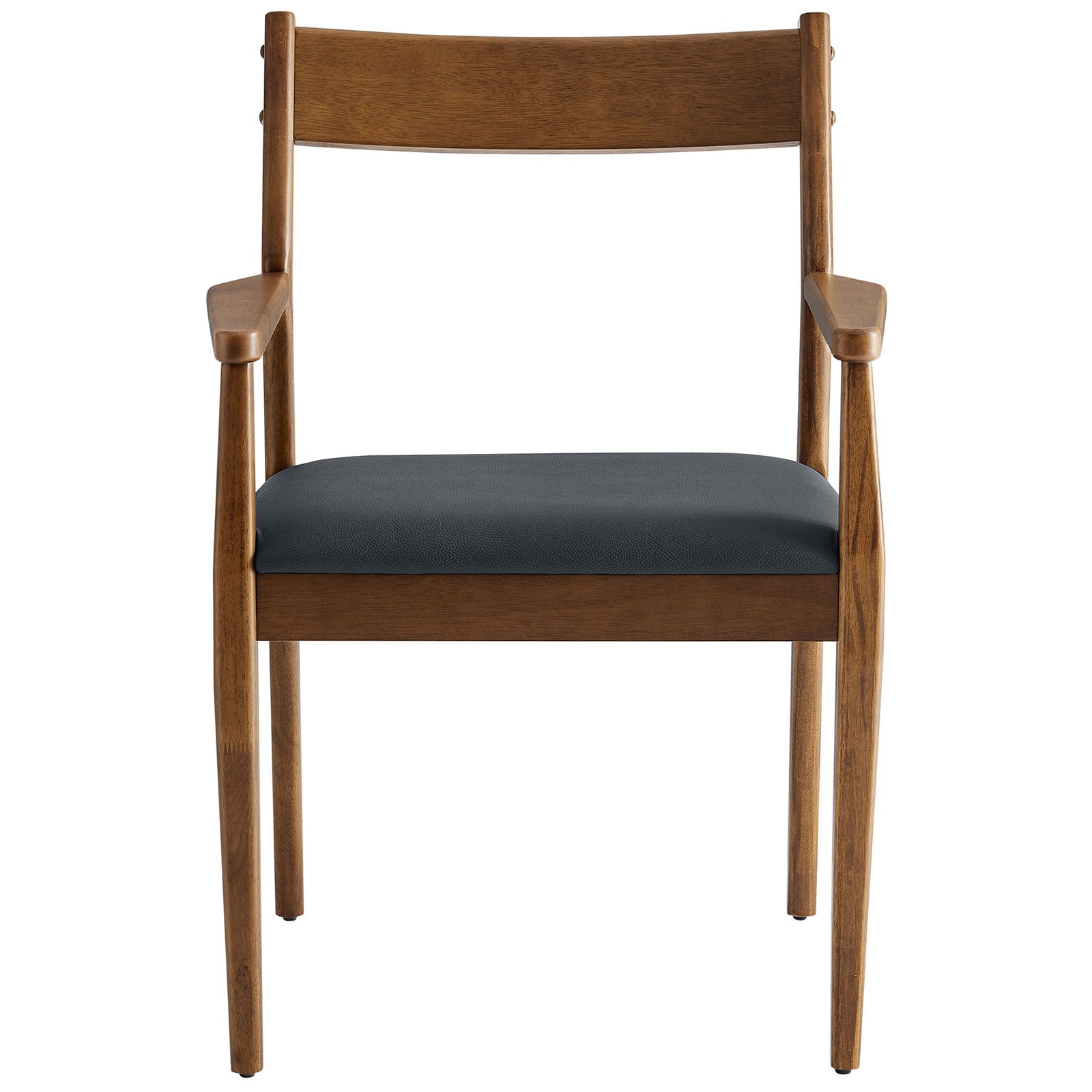 Walnut dining armchair with black vegan leather seat and slim tapered legs. || EEI-6915-WAL-BLK || front_partial_studio