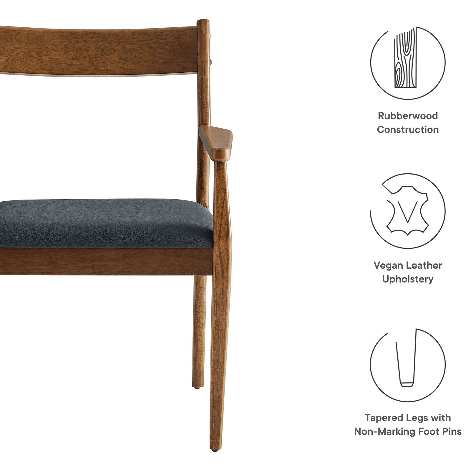 Walnut dining armchair with icons calling out rubberwood frame, vegan leather upholstery, and tapered legs. || EEI-6915-WAL-BLK || callout_studio