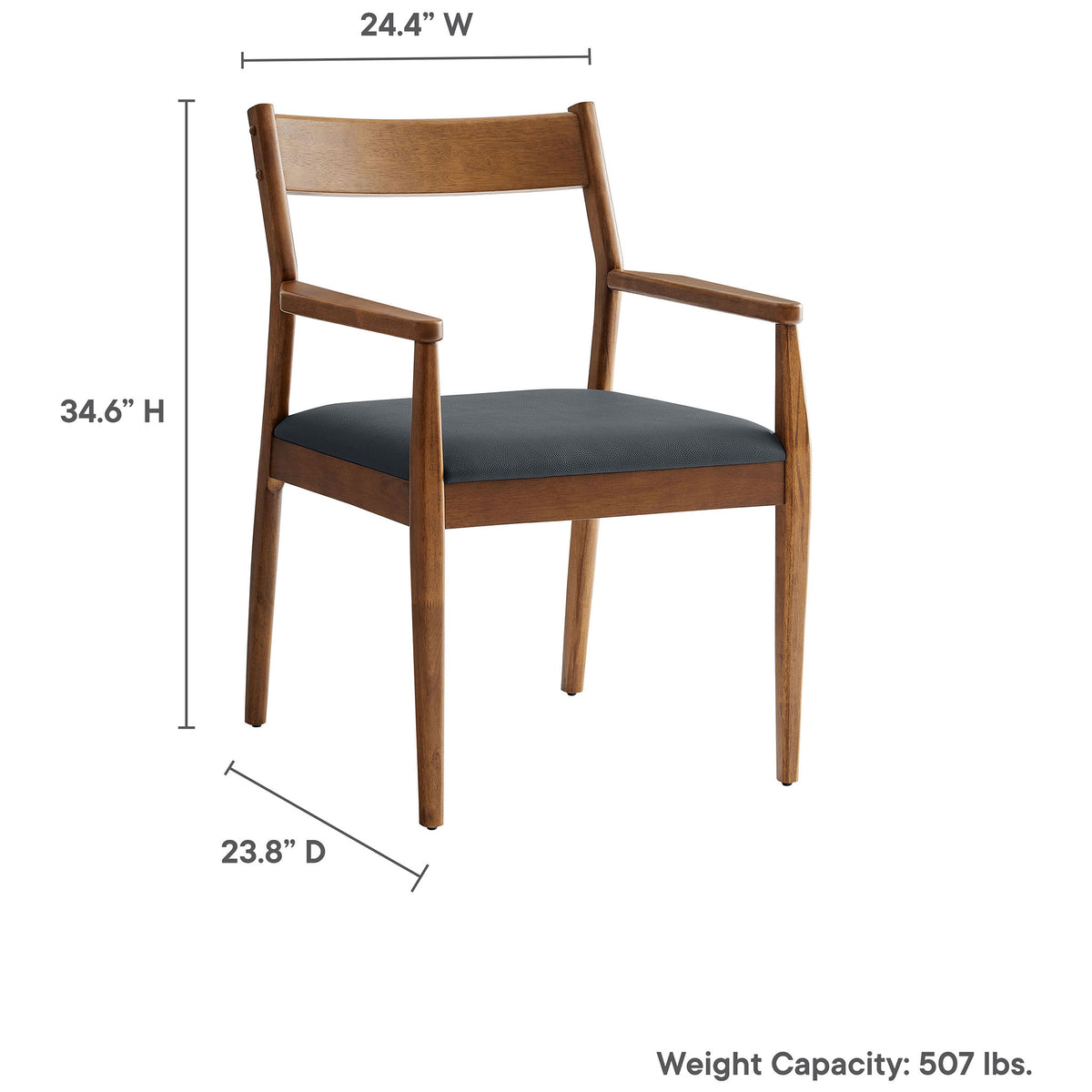 Walnut dining armchair with labeled width, depth, height, and 507 lb weight capacity measurements. || EEI-6915-WAL-BLK || dimension_studio
