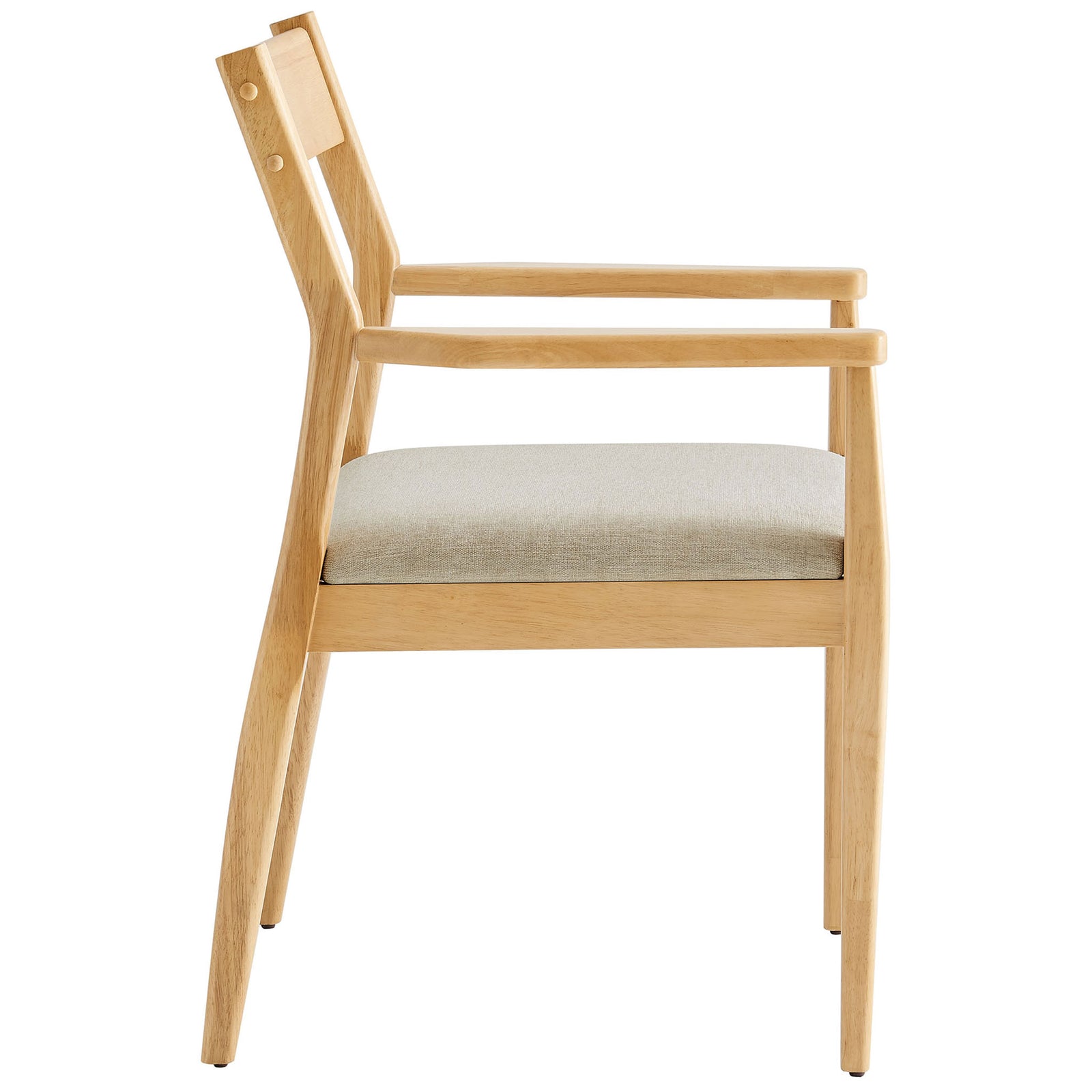 Sleek silhouette of the Solara dining armchair with curved backrest, open arms, and tapered legs. || EEI-6916-NAT-HEB || side_studio