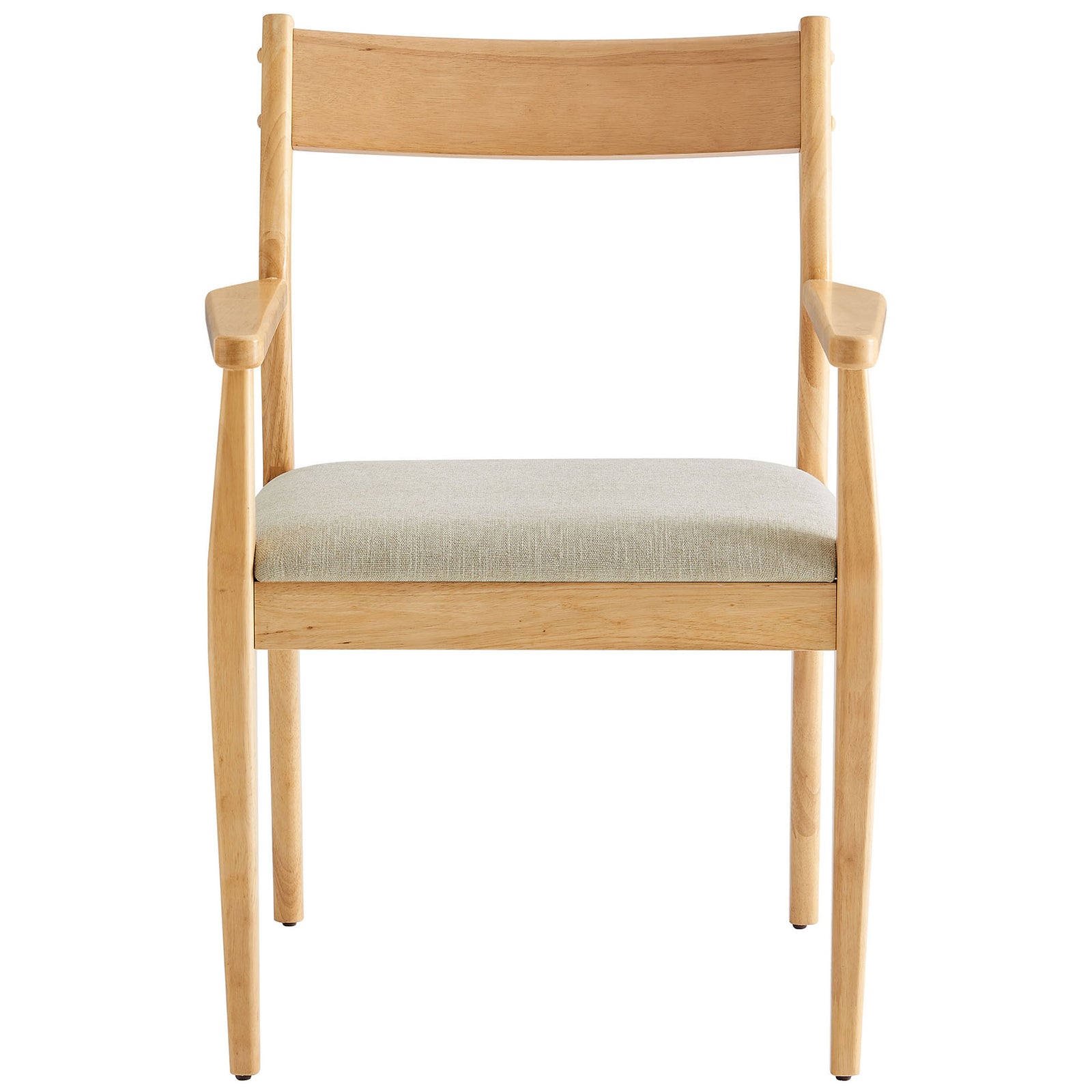 Solara fabric dining armchair with open wood arms, wide cushioned seat, and warm natural finish. || EEI-6916-NAT-HEB || front_studio