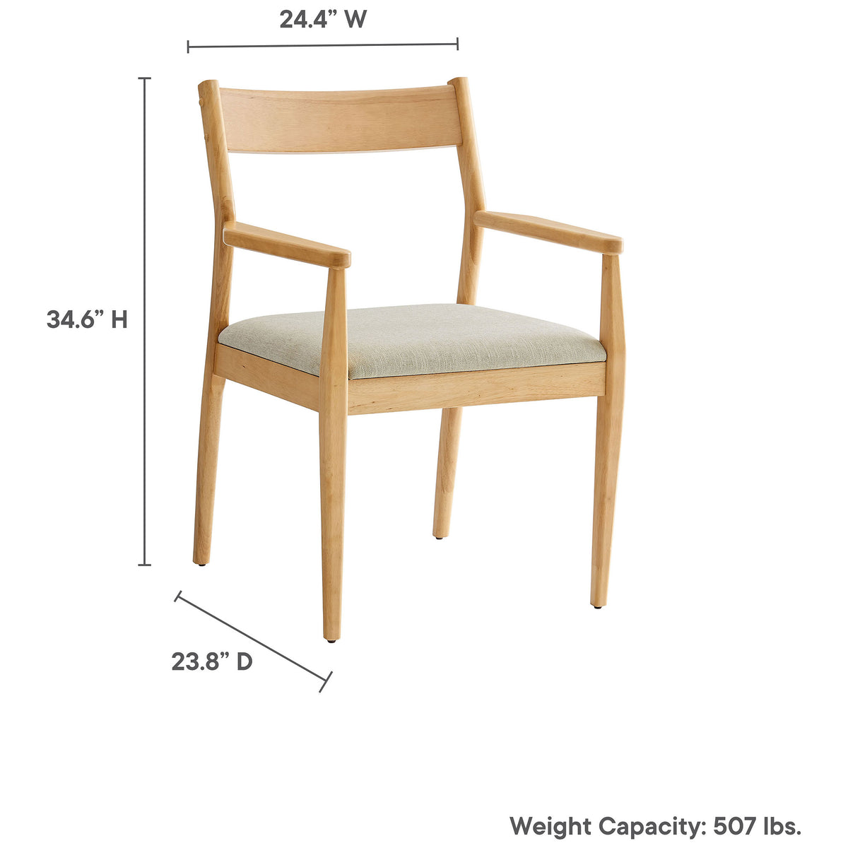 Solara dining armchair with printed dimensions and 507 lb weight capacity for easy room planning. || EEI-6916-NAT-HEB || dimension_studio