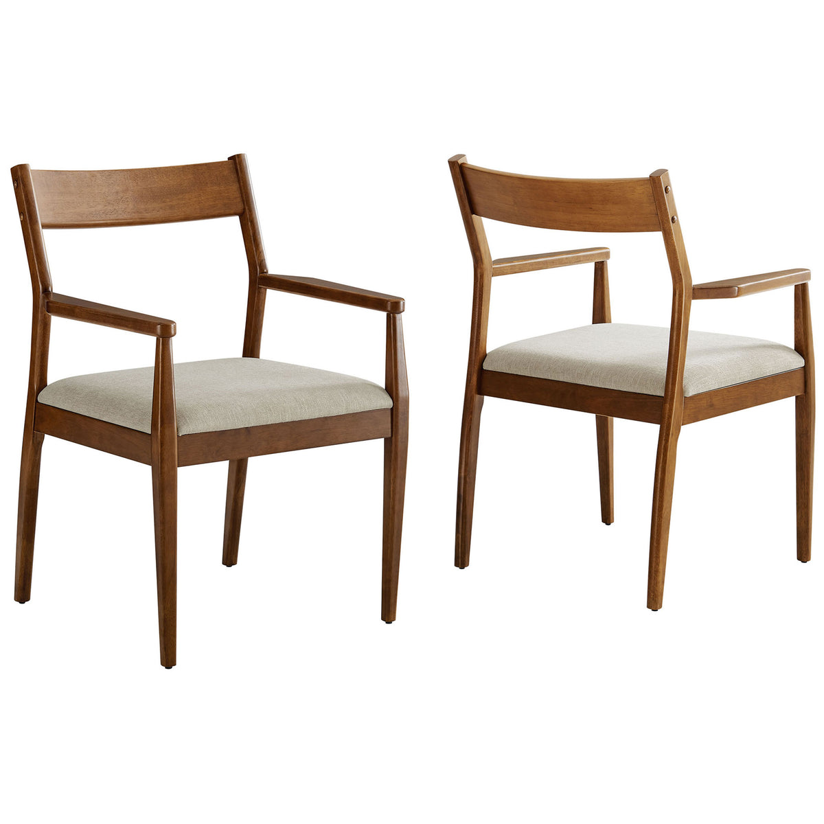 Set of two walnut dining armchairs with heathered beige cushions displayed together to show the full pair || EEI-6916-WAL-HEB || front_angle_multi_studio