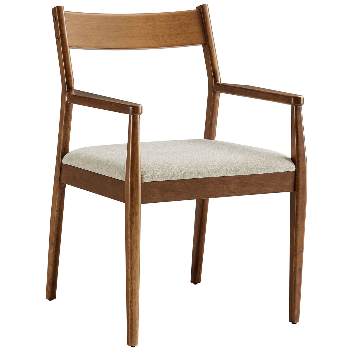 Walnut dining armchair showcasing smooth wood grain, tapered legs, and a soft beige upholstered seat || EEI-6916-WAL-HEB || front_angle_studio