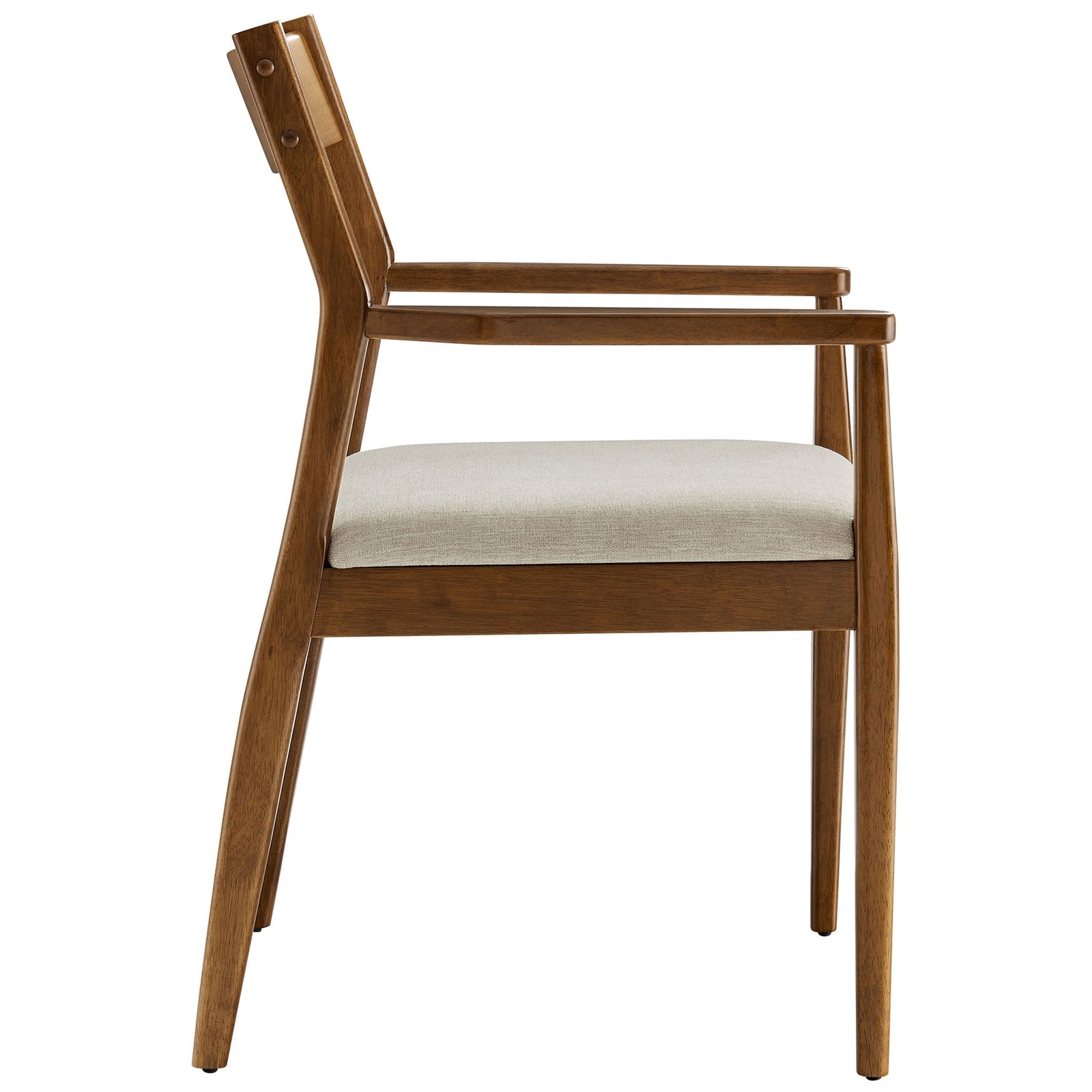 Solara dining armchair with a curved backrest, slim arms, and elegantly tapered walnut legs || EEI-6916-WAL-HEB || side_studio