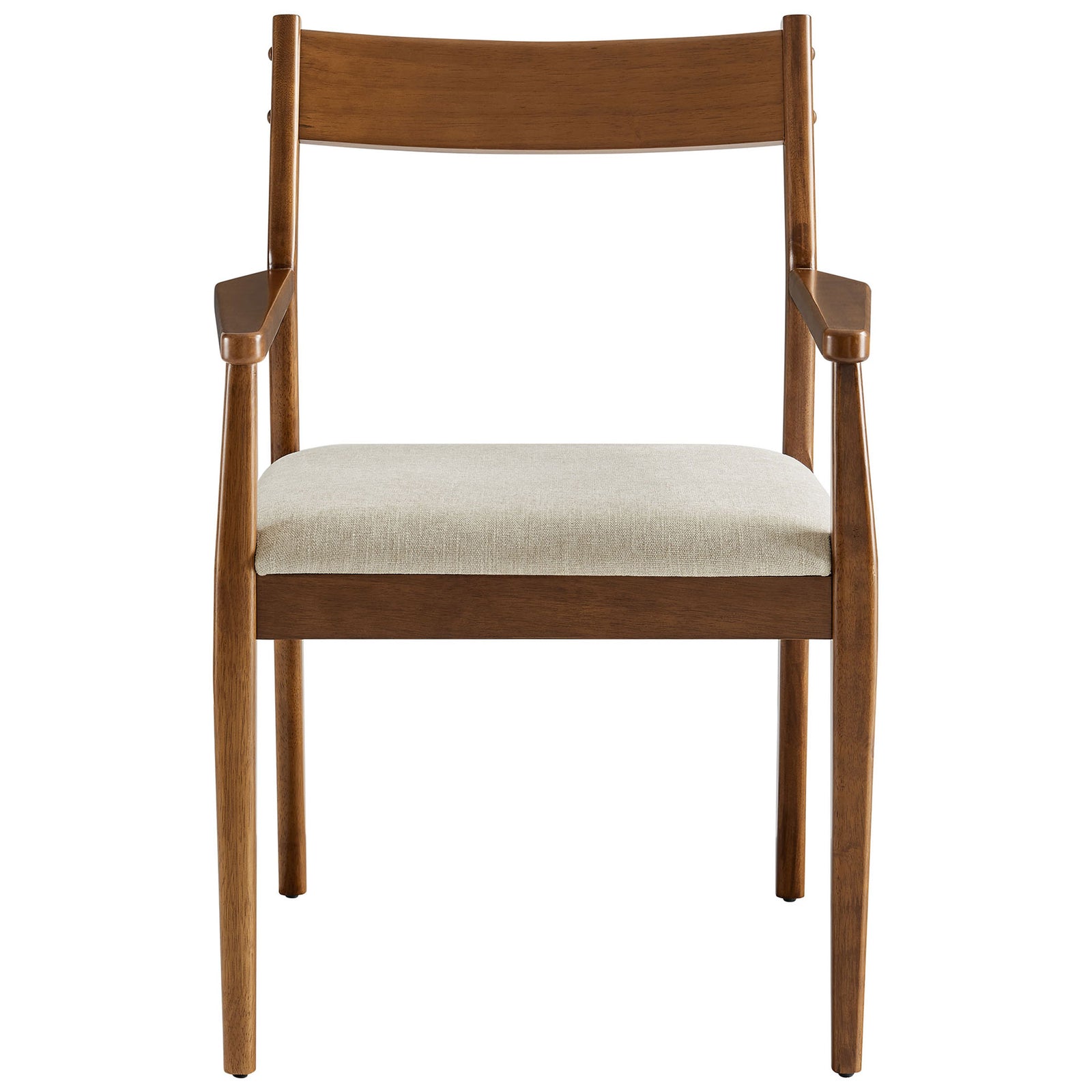 Walnut wood dining armchair with a padded heathered beige seat and gently flared mid-century arms || EEI-6916-WAL-HEB || front_studio