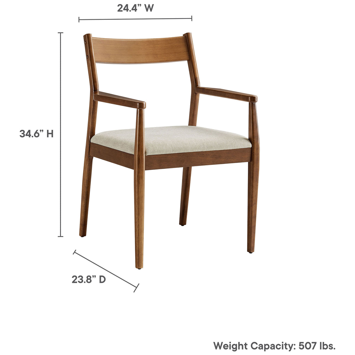 Dimension guide of the walnut dining armchair showing width, depth, height, and 507 pound weight capacity || EEI-6916-WAL-HEB || dimension_studio