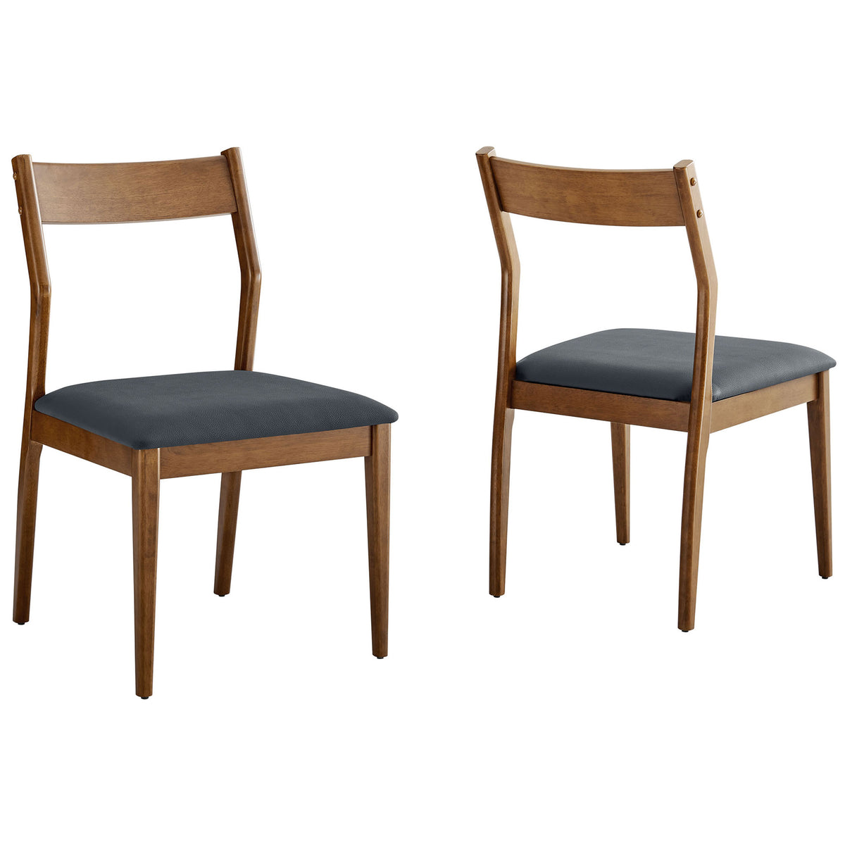 Pair of walnut dining chairs with black vegan leather seats and slim tapered legs. || EEI-6917-WAL-BLK || front_angle_multi_studio