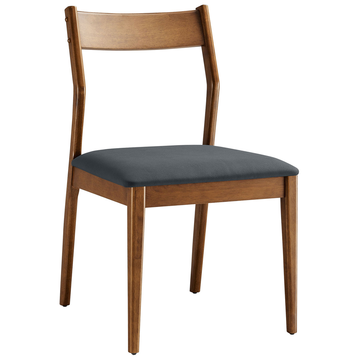 Walnut dining chair with softly curved backrest and black vegan leather cushioned seat. || EEI-6917-WAL-BLK || front_angle_studio