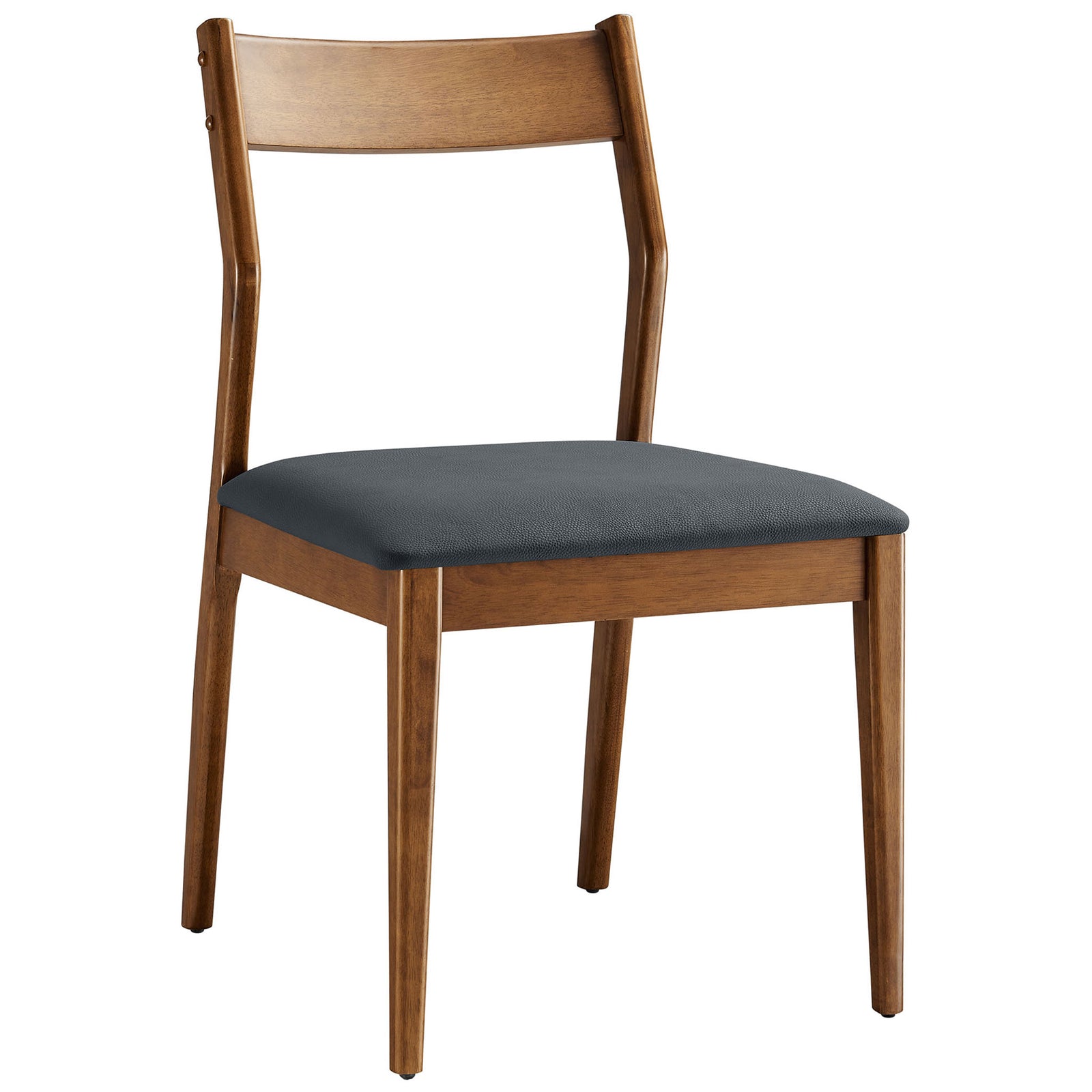 Walnut dining chair with softly curved backrest and black vegan leather cushioned seat. || EEI-6917-WAL-BLK || front_angle_studio