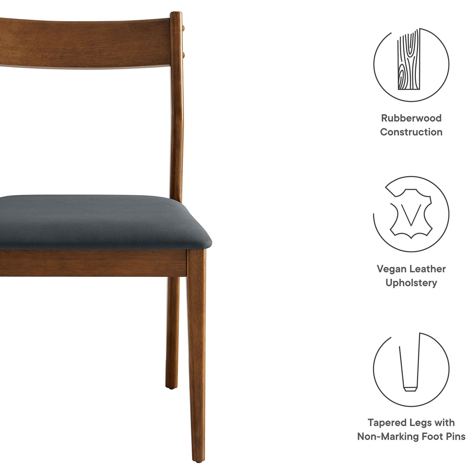 Walnut dining chair featuring rubberwood construction, vegan leather upholstery, and tapered legs. || EEI-6917-WAL-BLK || callout_studio
