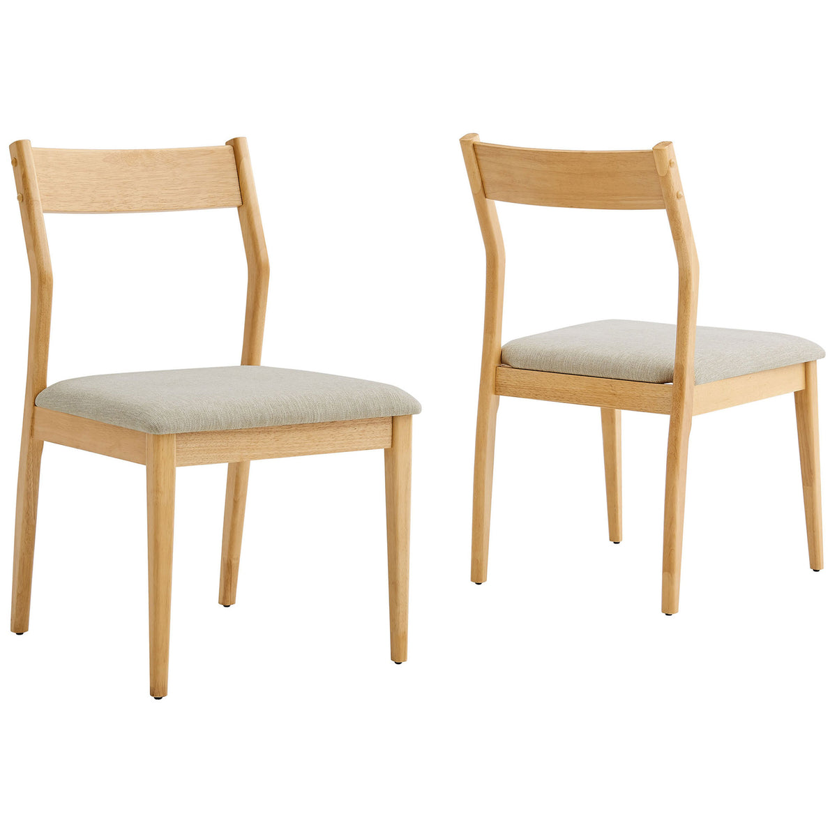 Set of two natural wood dining chairs with beige heathered seats for a clean, modern dining space || EEI-6918-NAT-HEB || front_angle_multi_studio