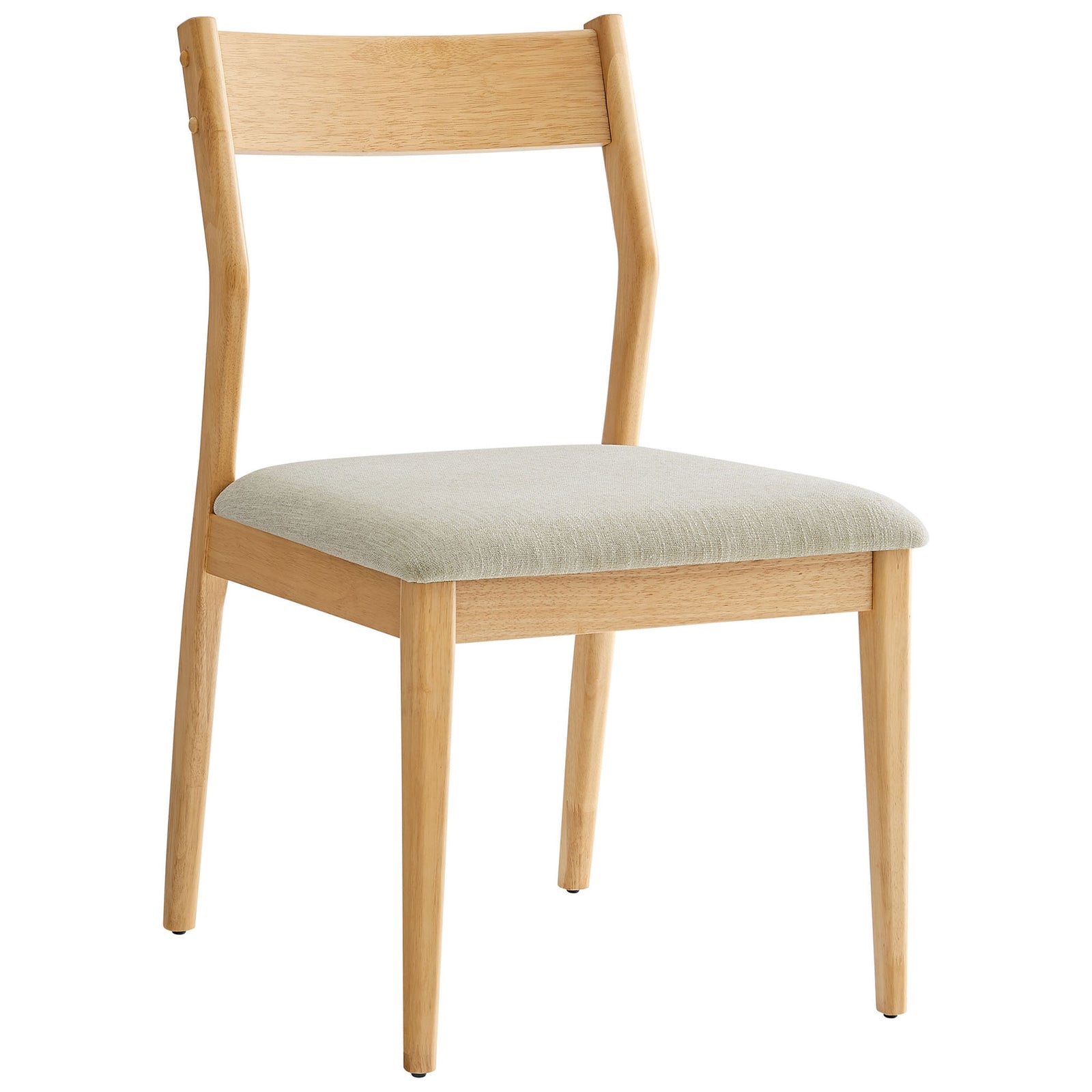 Modern armless wood dining chair with tapered legs and soft beige textured seat cushion || EEI-6918-NAT-HEB || front_angle_studio