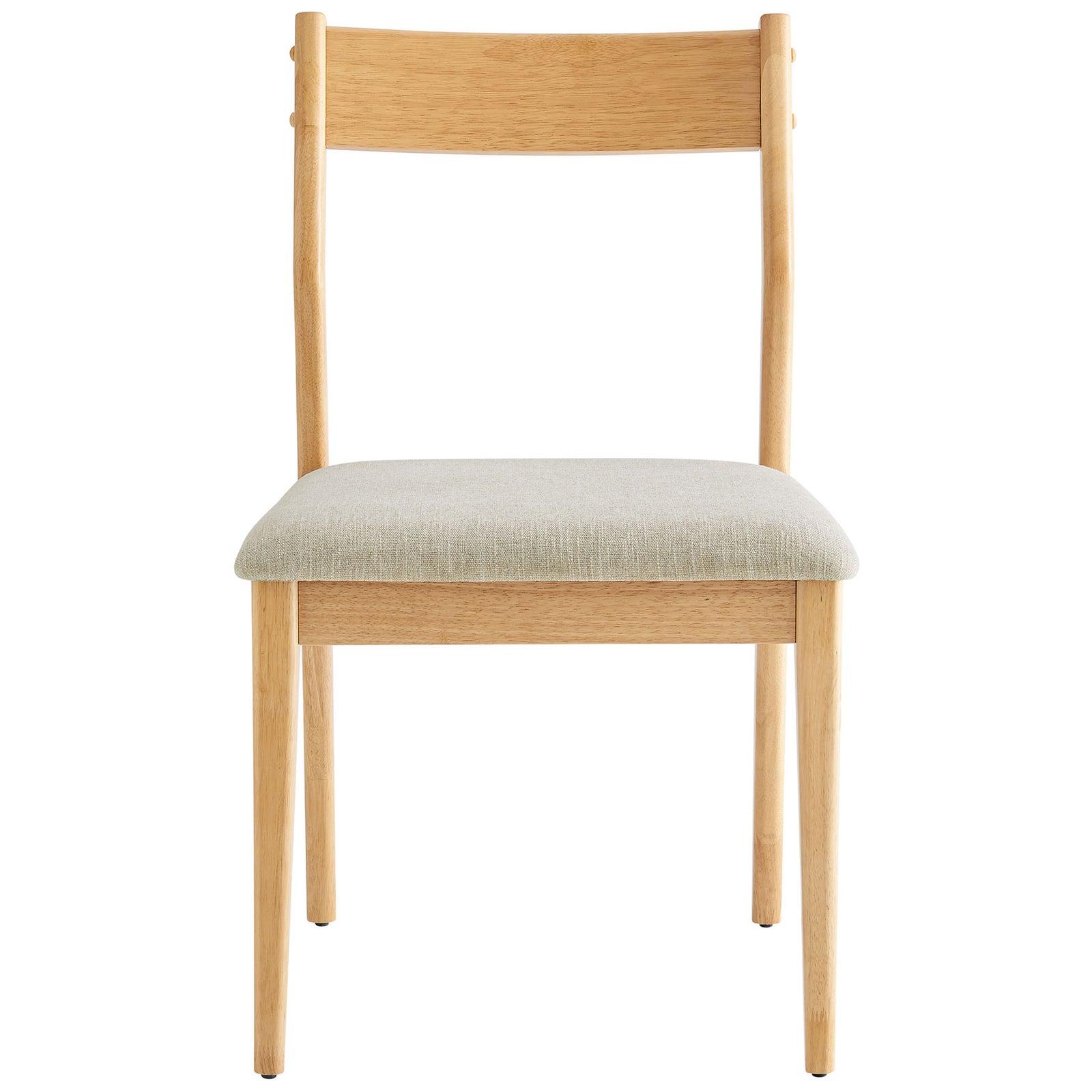 Natural wood dining chair with slim legs and cushioned beige heathered seat || EEI-6918-NAT-HEB || front_studio