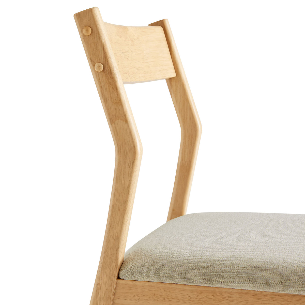 Sculpted wood backrest meets a neatly tailored beige heathered seat for refined dining comfort || EEI-6918-NAT-HEB || detail_studio