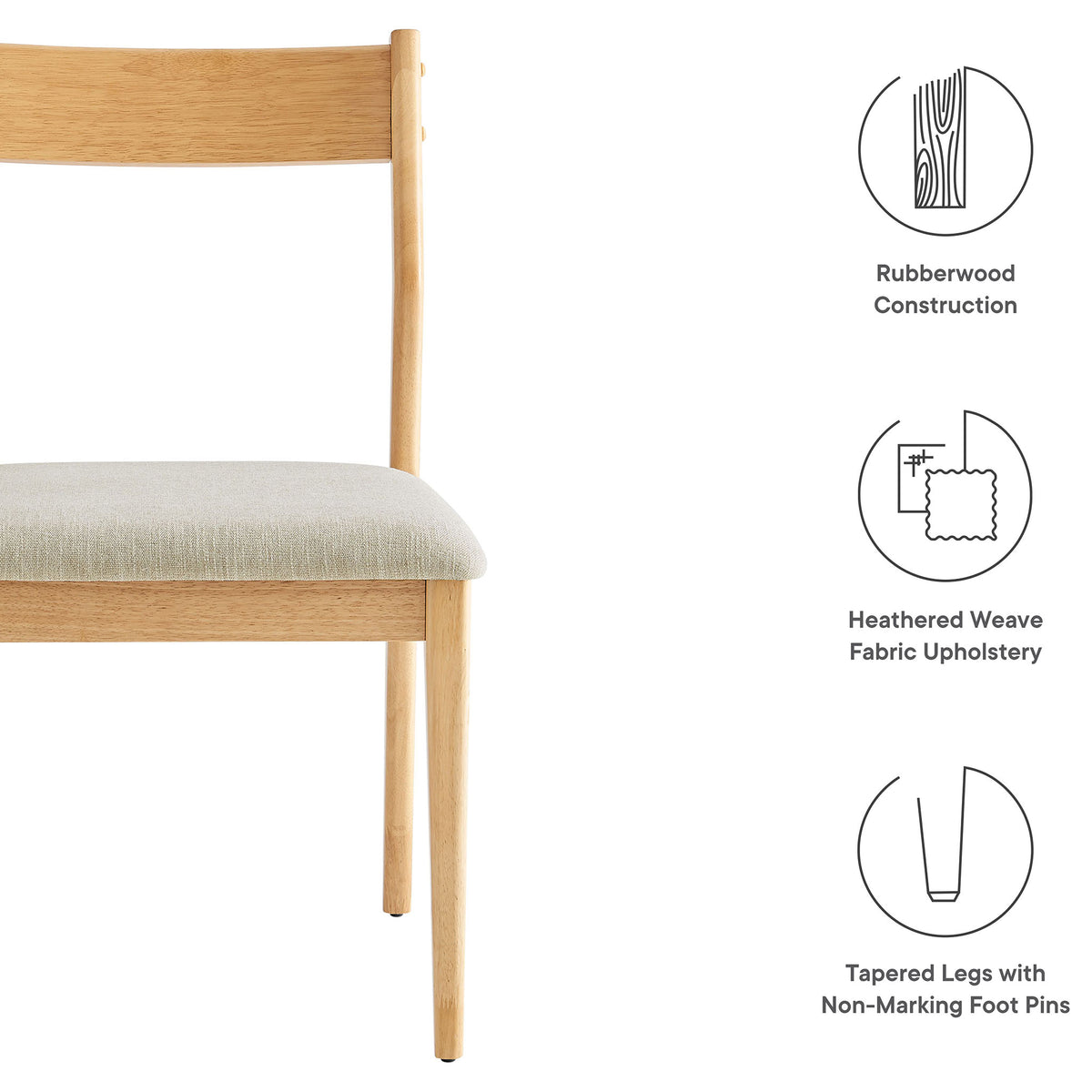 Natural wood dining chair with beige heathered upholstery and tapered legs with non marking foot pins || EEI-6918-NAT-HEB || callout_studio
