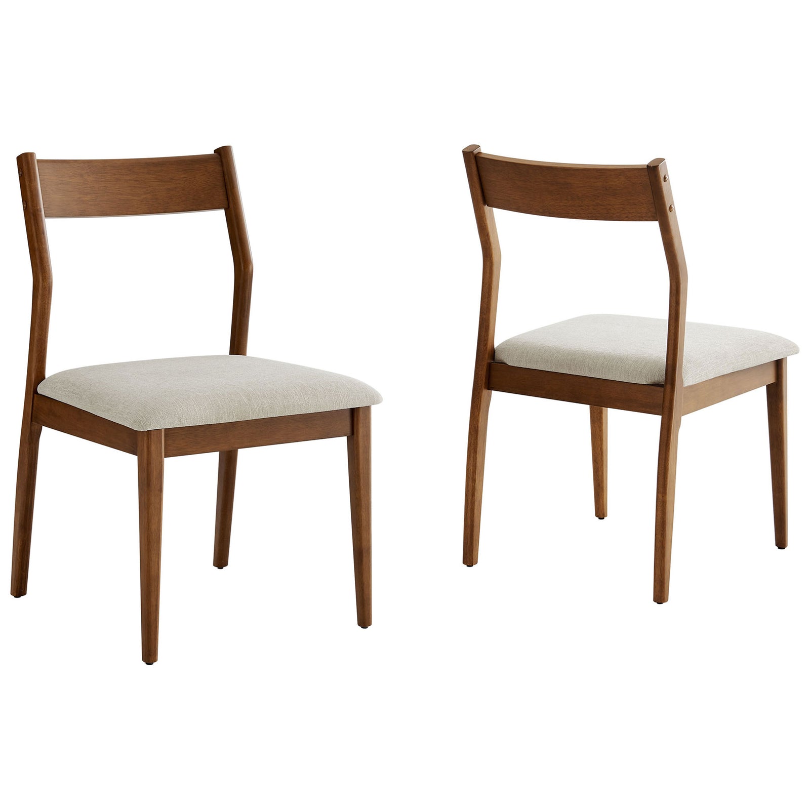 Pair of walnut dining chairs with heathered beige cushions and tapered legs || EEI-6918-WAL-HEB || front_angle_multi_studio