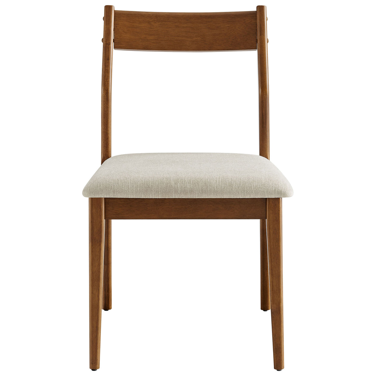 Walnut dining chair with straight slatted back and cushioned heathered beige upholstery || EEI-6918-WAL-HEB || front_studio