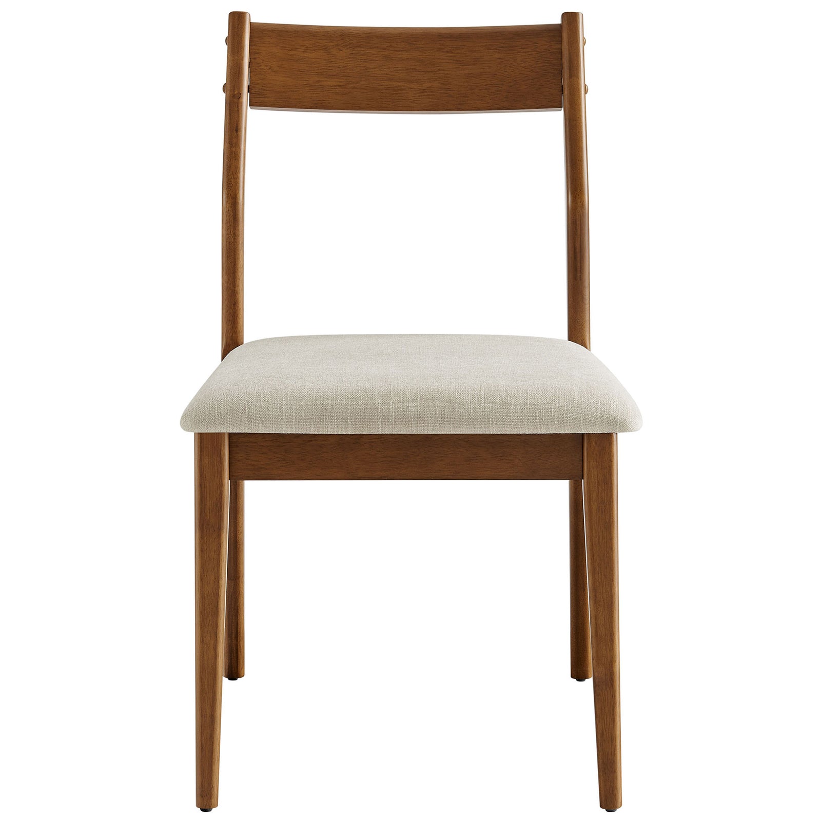 Walnut dining chair with straight slatted back and cushioned heathered beige upholstery || EEI-6918-WAL-HEB || front_studio