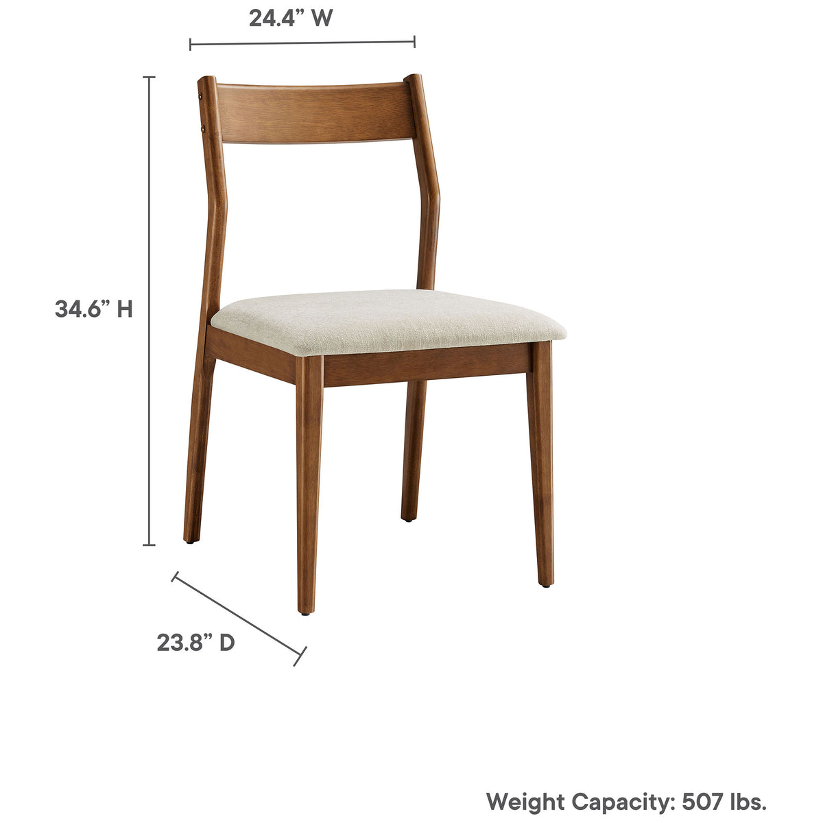 Generously sized walnut dining chair with cushioned beige seat and 507 pound weight capacity || EEI-6918-WAL-HEB || dimension_studio