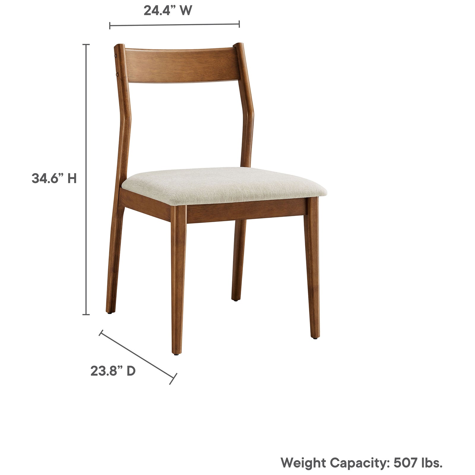 Generously sized walnut dining chair with cushioned beige seat and 507 pound weight capacity || EEI-6918-WAL-HEB || dimension_studio