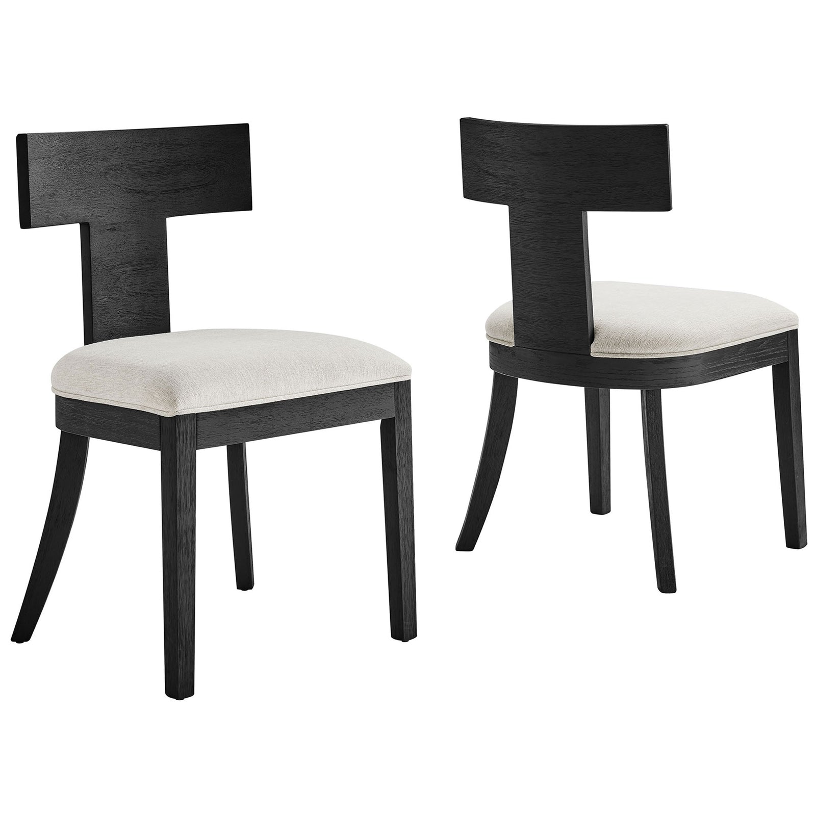 Pair of black wood dining chairs with curved backs and ivory upholstered seats for modern farmhouse charm || EEI-6923-BLK-HEI || front_angle_multi_studio