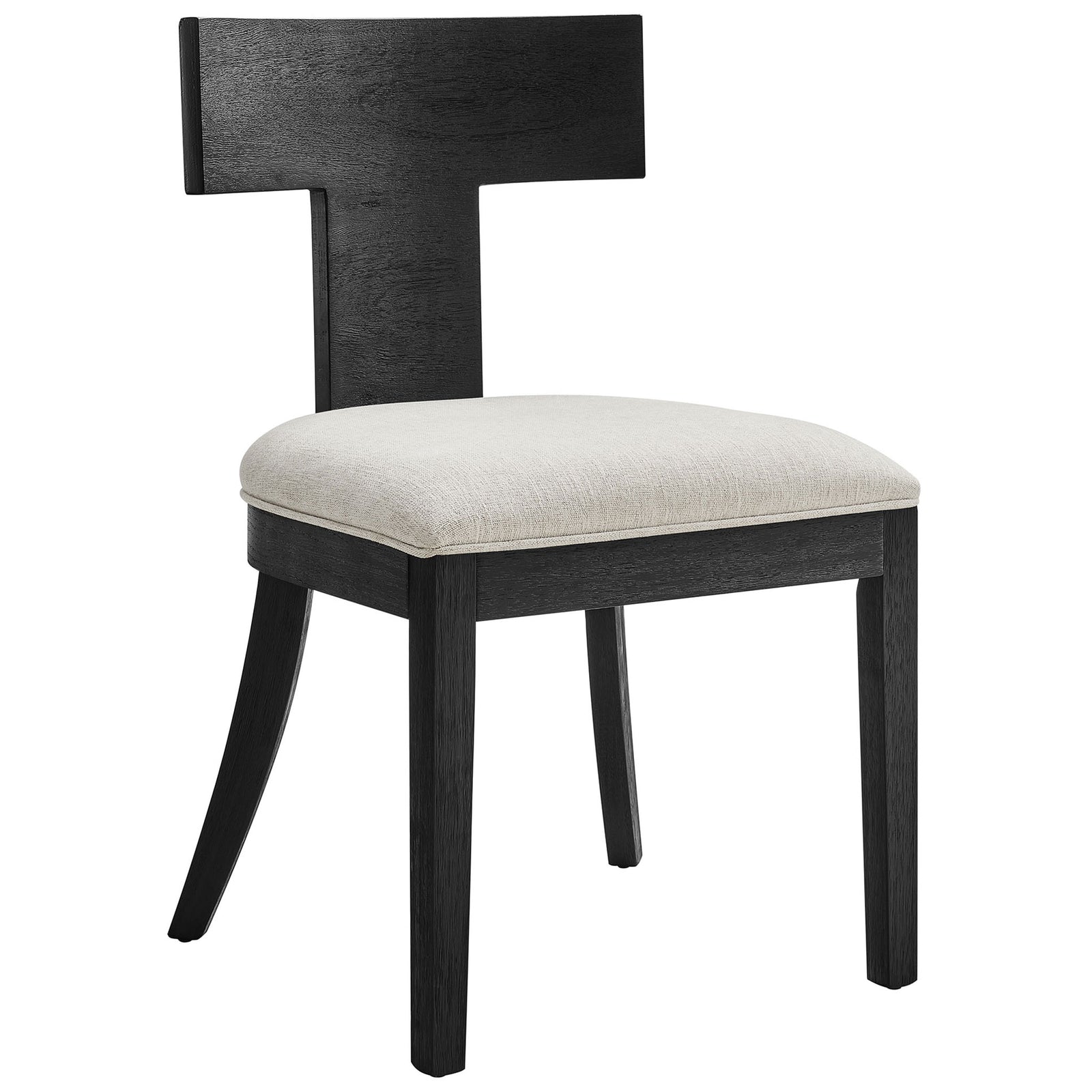 Black wood dining chair with T shaped curved backrest and softly cushioned ivory fabric seat || EEI-6923-BLK-HEI || front_angle_studio