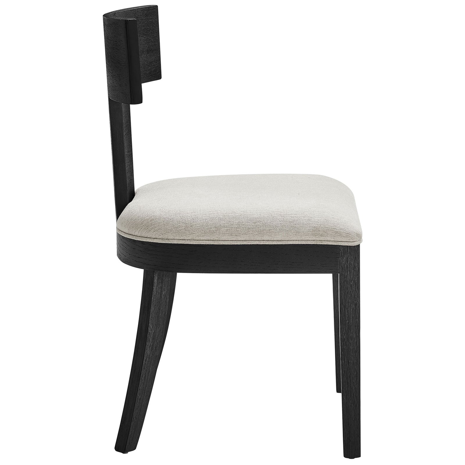 Black wood dining chair highlighting the gentle curve of the back legs and plush upholstered seat || EEI-6923-BLK-HEI || side_studio