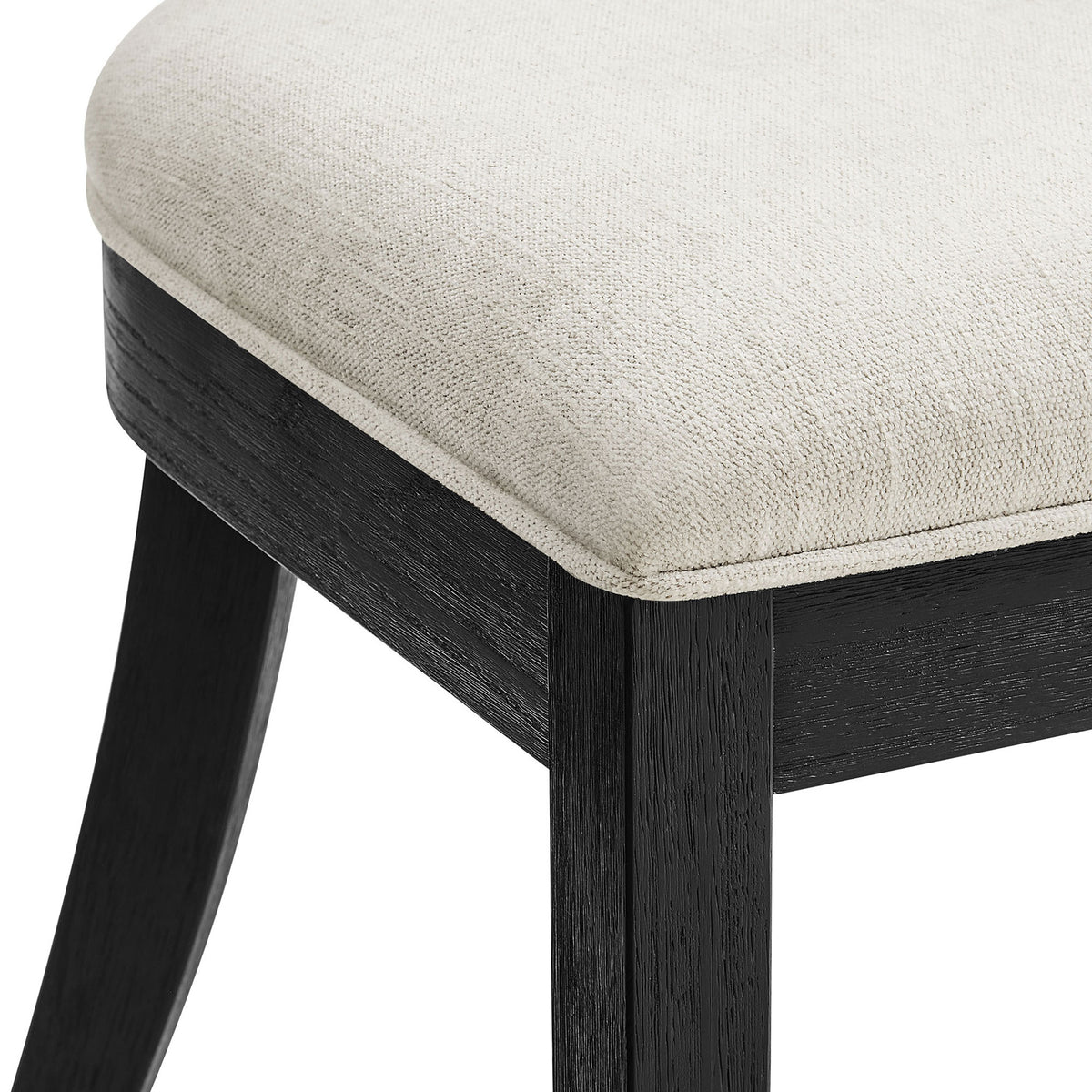 Ivory heathered weave seat cushion pairs with a black wood frame for a tailored modern dining look || EEI-6923-BLK-HEI || detail_studio