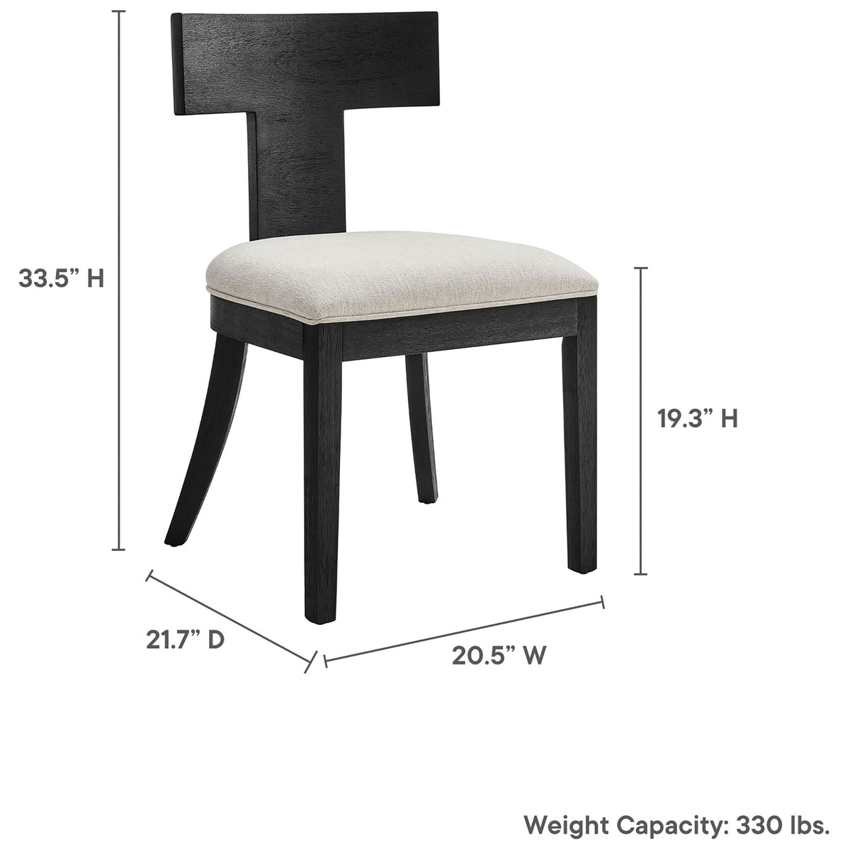 Black wood dining chair with ivory seat with overall width, depth, height, and seat height dimensions listed || EEI-6923-BLK-HEI || dimension_studio