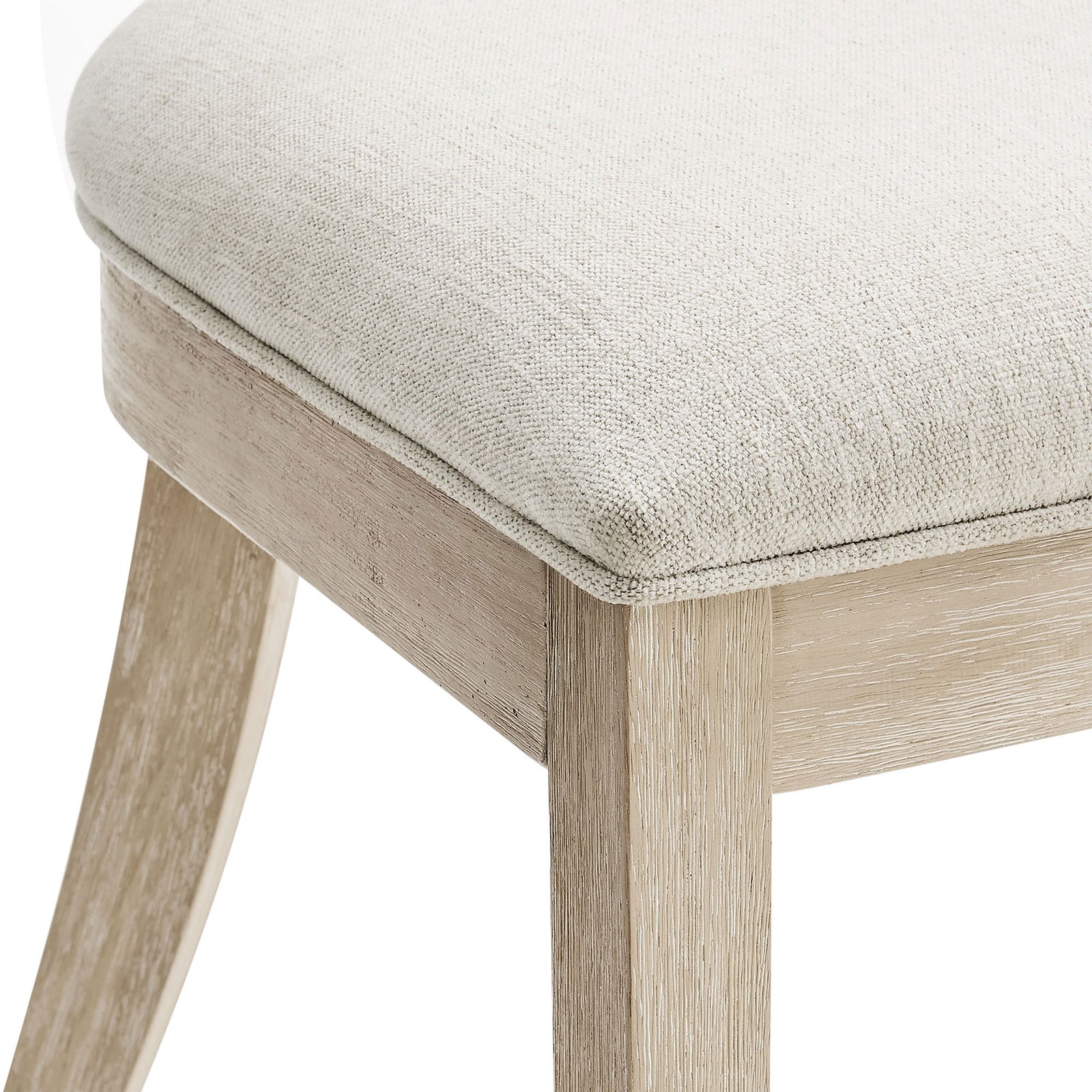 Ivory heathered fabric seat and natural wood grain frame detail on Peregrine dining chair || EEI-6923-NAT-HEI || detail_studio