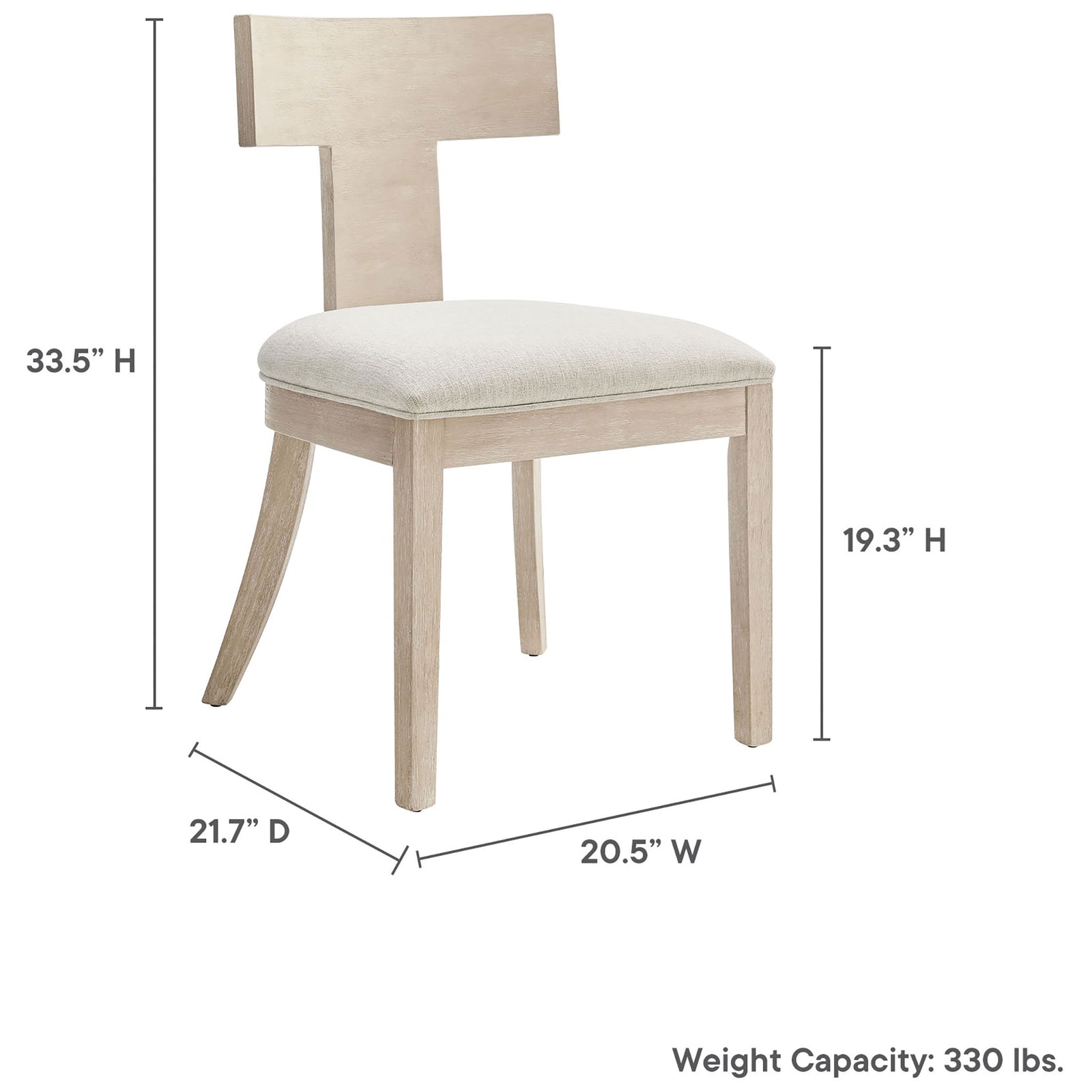 Dimension graphic for Peregrine dining chair showing height, width, depth, and weight capacity details || EEI-6923-NAT-HEI || dimension_studio