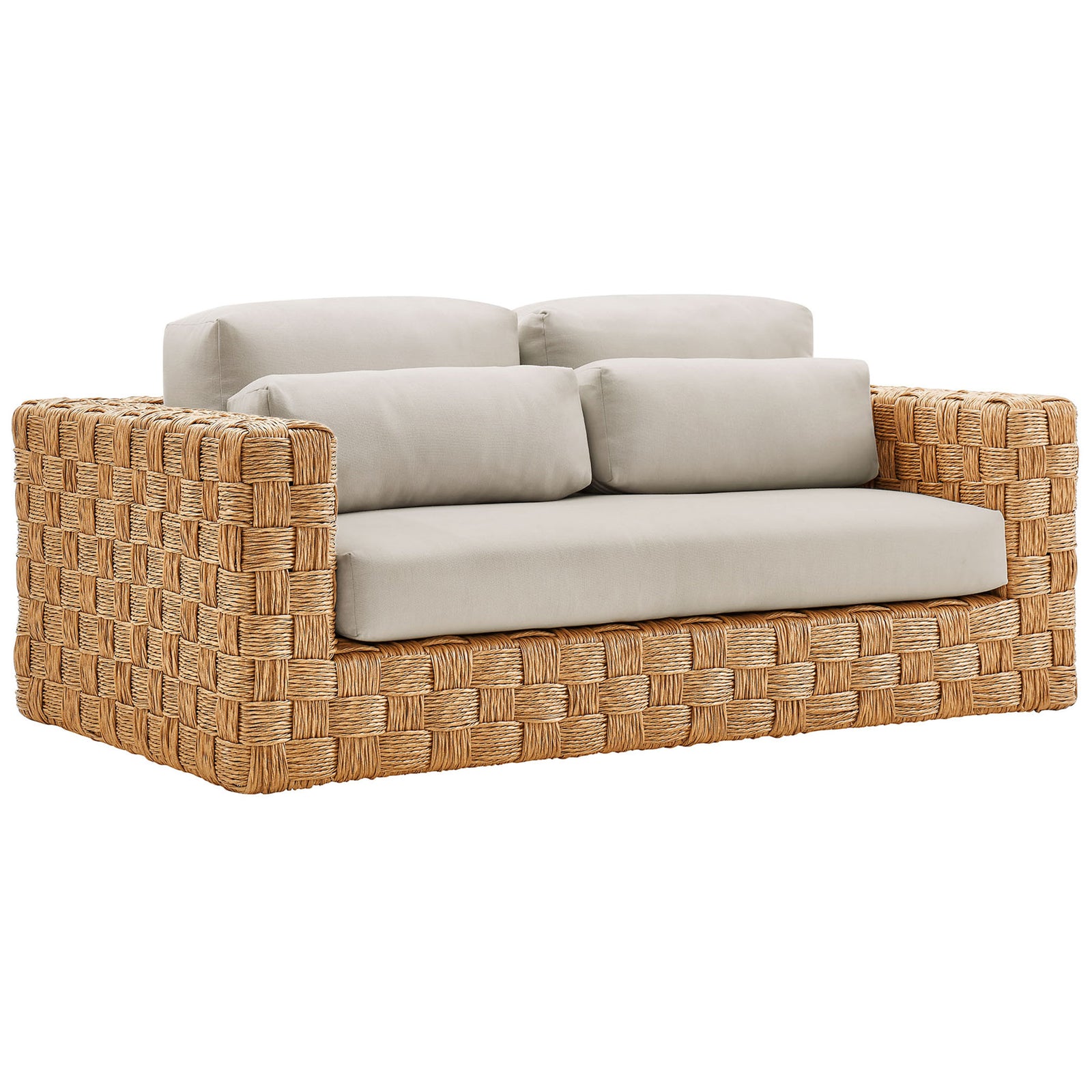 Basket-woven rattan loveseat with plush light gray cushions for stylish outdoor lounging. || EEI-6924-NAT-LGR || front_angle_studio