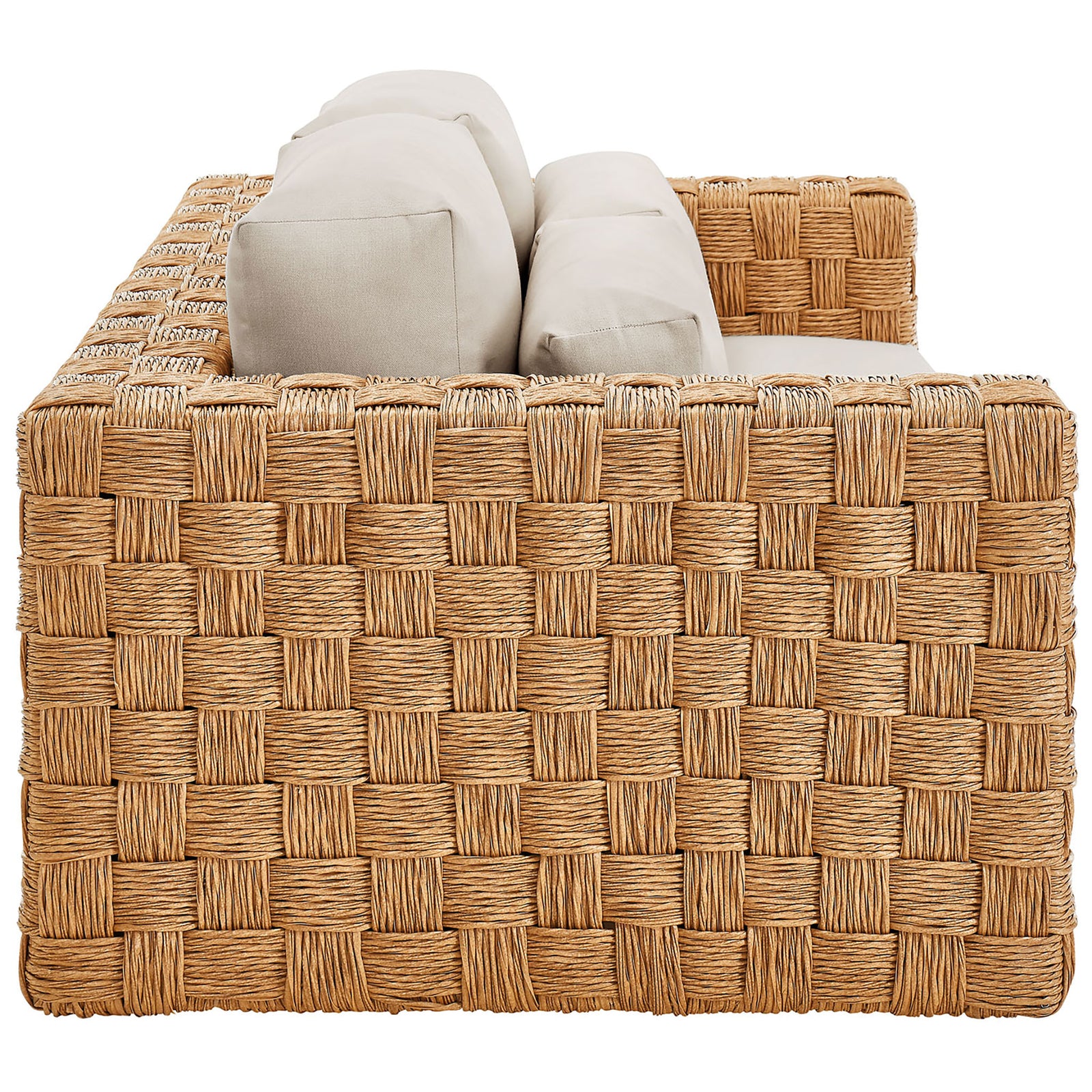 Thick woven rattan armrests and back surround supportive light gray cushions for lasting comfort. || EEI-6924-NAT-LGR || side_studio