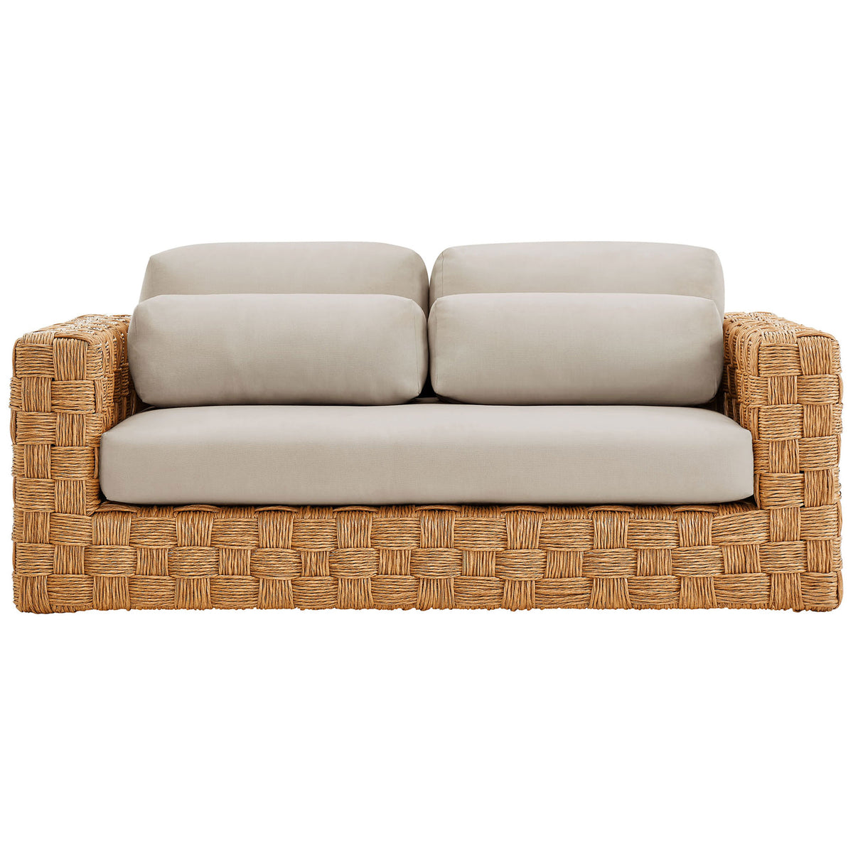 Outdoor rattan loveseat with thick light gray cushions and inviting deep seating comfort. || EEI-6924-NAT-LGR || front_studio