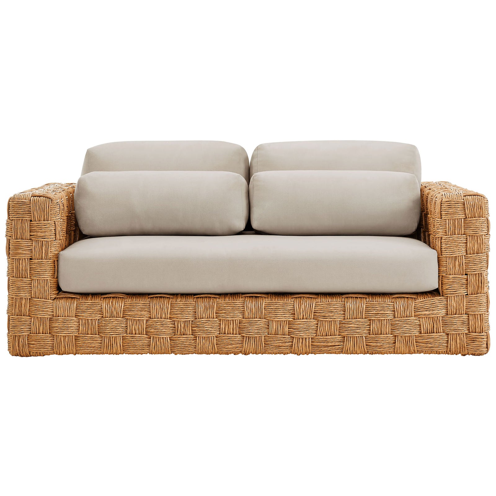 Outdoor rattan loveseat with thick light gray cushions and inviting deep seating comfort. || EEI-6924-NAT-LGR || front_studio