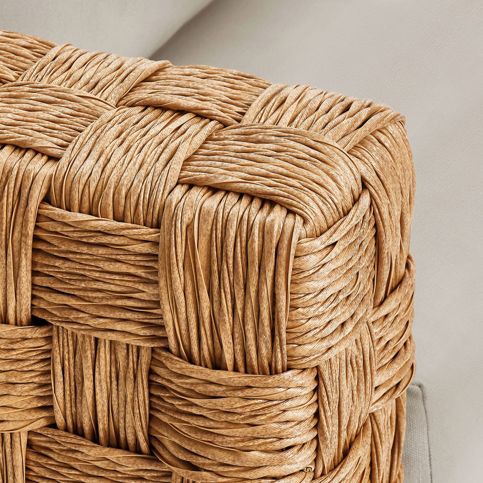 Handcrafted basket-weave rattan texture adds artisanal detail to this modern outdoor loveseat. || EEI-6924-NAT-LGR || detail_studio