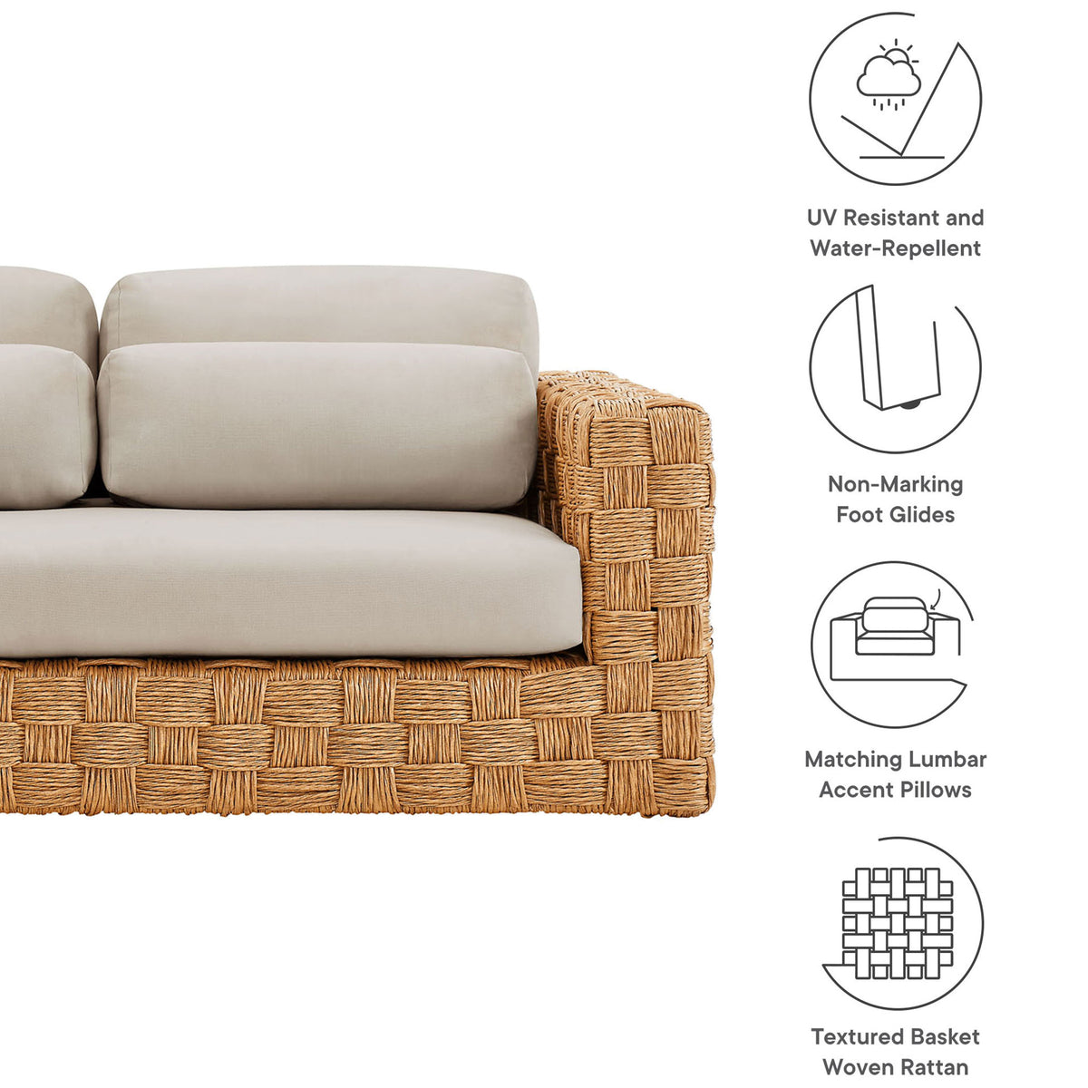 Outdoor loveseat features UV-resistant wicker, nonmarking feet, lumbar pillows, and soft gray cushions. || EEI-6924-NAT-LGR || callout_studio