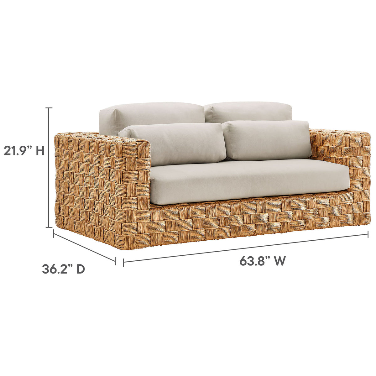 Loveseat dimensions show generous width and depth for two, with supportive back height for outdoor comfort. || EEI-6924-NAT-LGR || dimension_studio