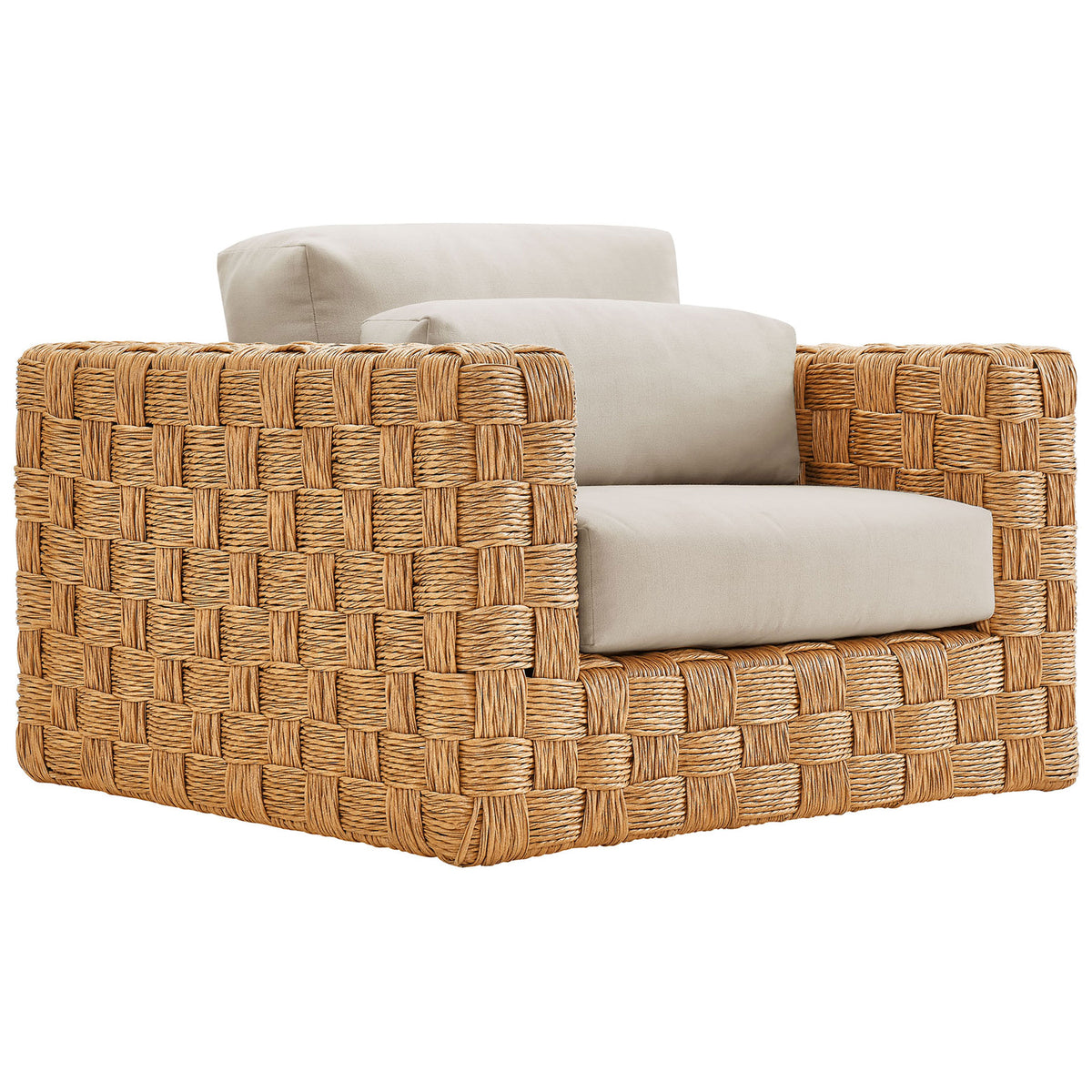 Basket-weave natural rattan armchair with layered light gray cushions and lumbar pillow || EEI-6925-NAT-LGR || front_angle_studio