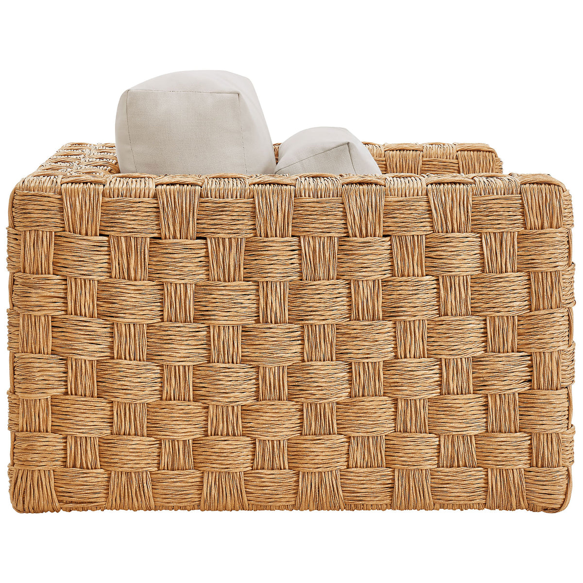 Thames natural rattan armchair showing the wide basket-weave frame and soft light gray cushions || EEI-6925-NAT-LGR || side_studio