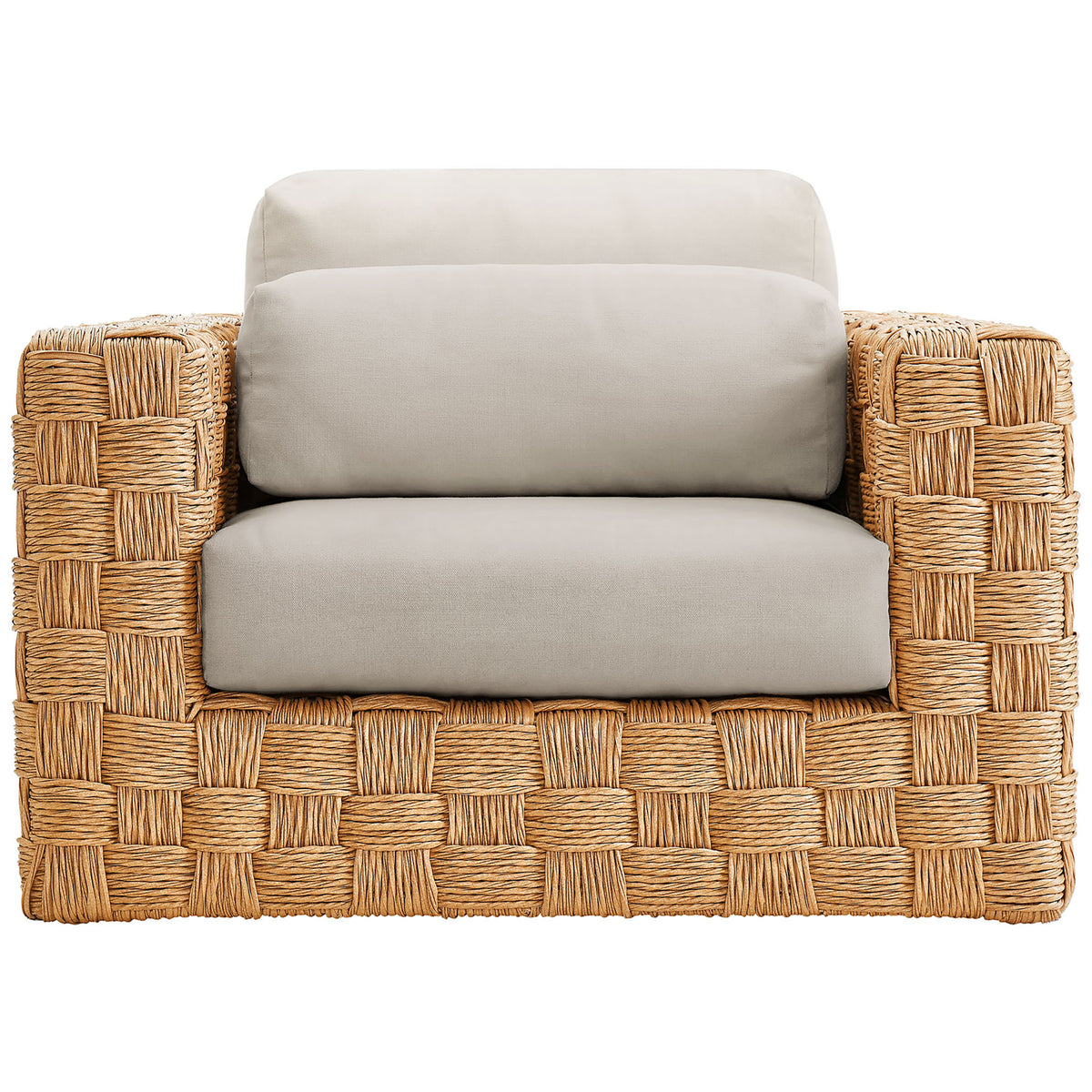 Thames natural rattan outdoor armchair with deep seat and plush light gray cushions || EEI-6925-NAT-LGR || front_studio