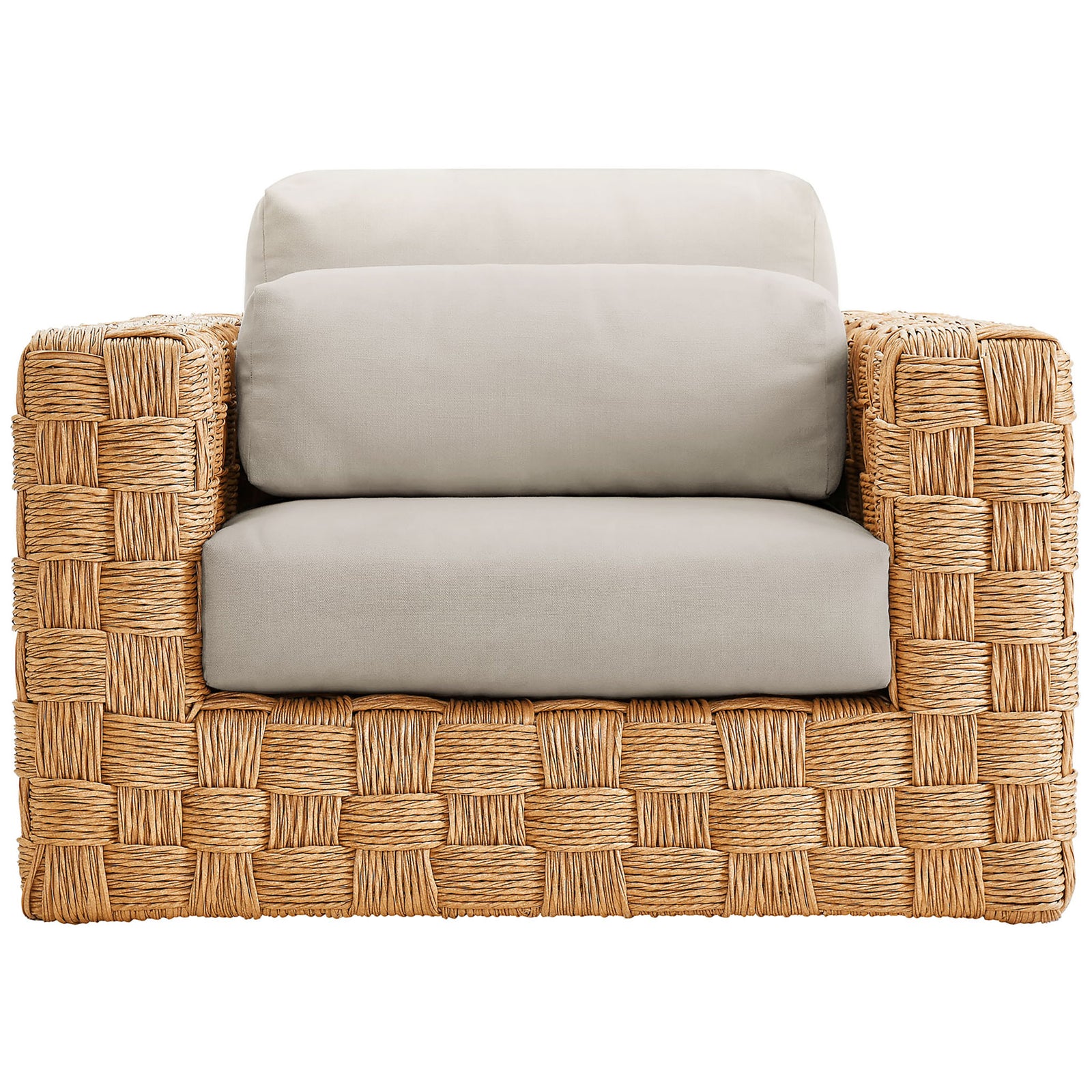 Thames natural rattan outdoor armchair with deep seat and plush light gray cushions || EEI-6925-NAT-LGR || front_studio